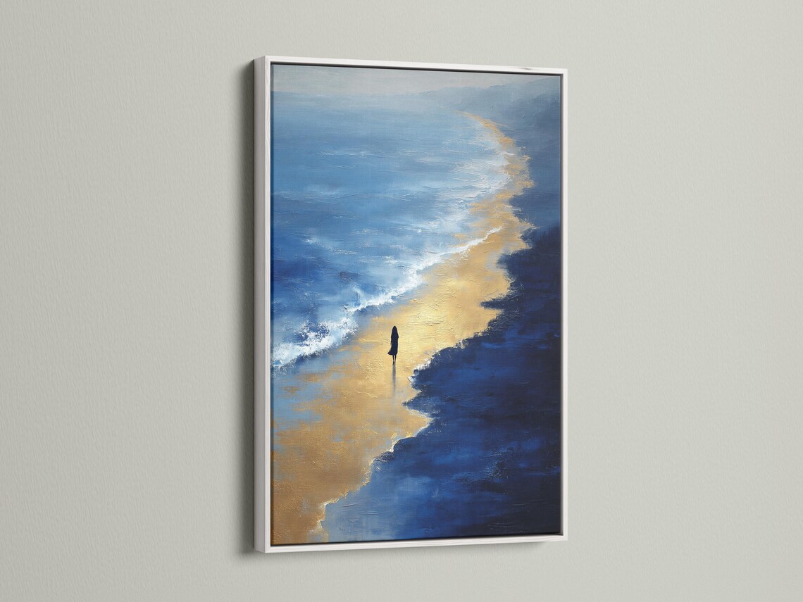 Painterly navy blue and gold seascape with ocean waves, beach light and a small silhouette detail view