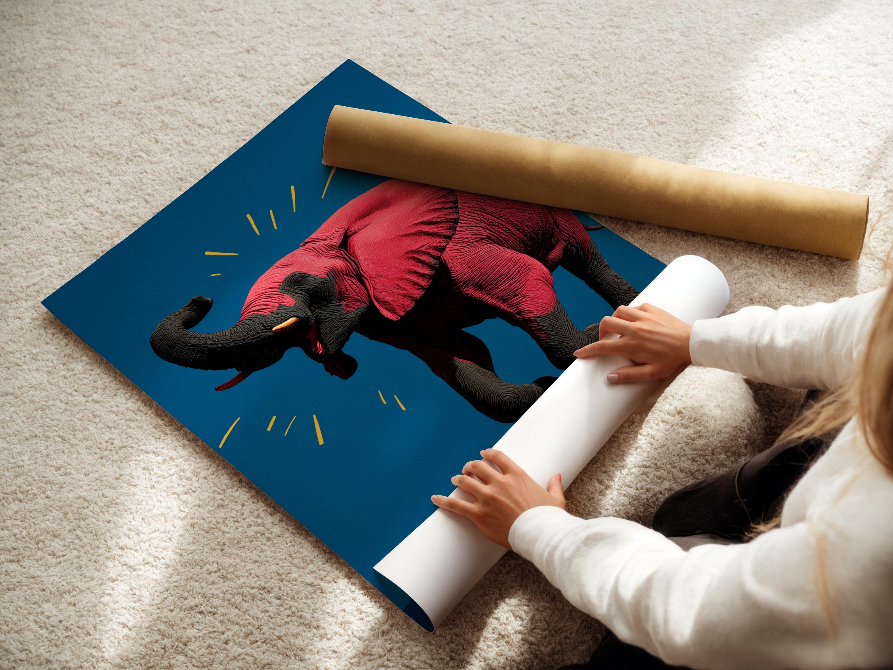 Elephant artwork in a framed mockup on a light background