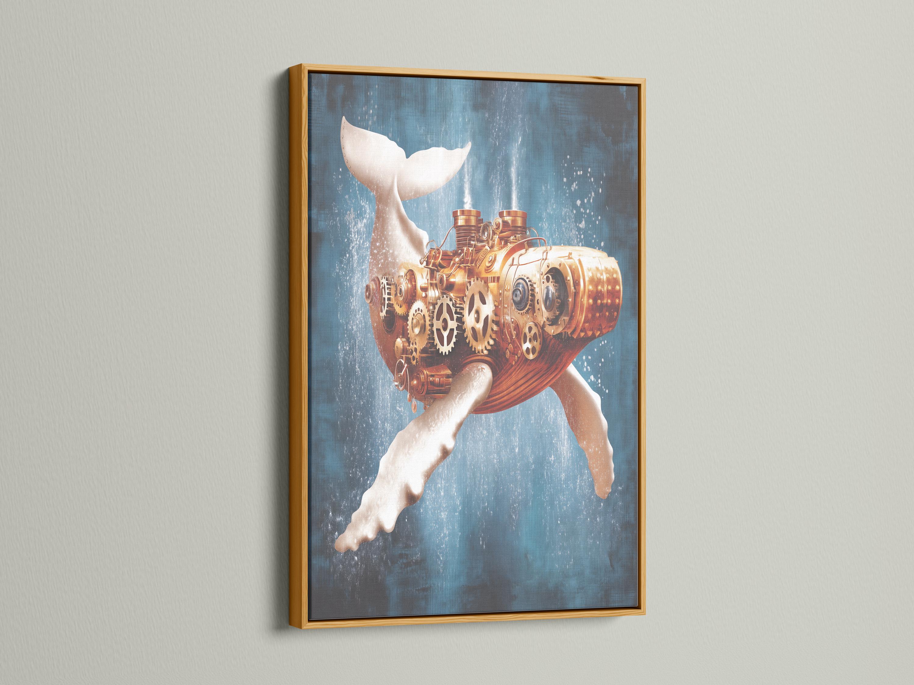 Mechanical whale with copper and gold gears on a textured blue background detail view