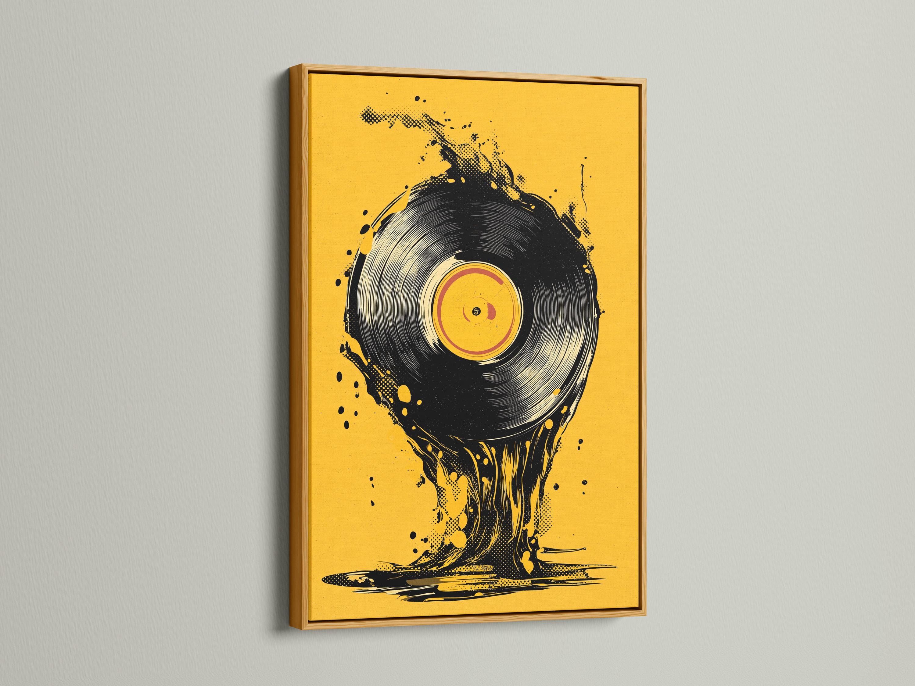 A man wearing headphones beside a music setup with a vinyl record artwork on a wall