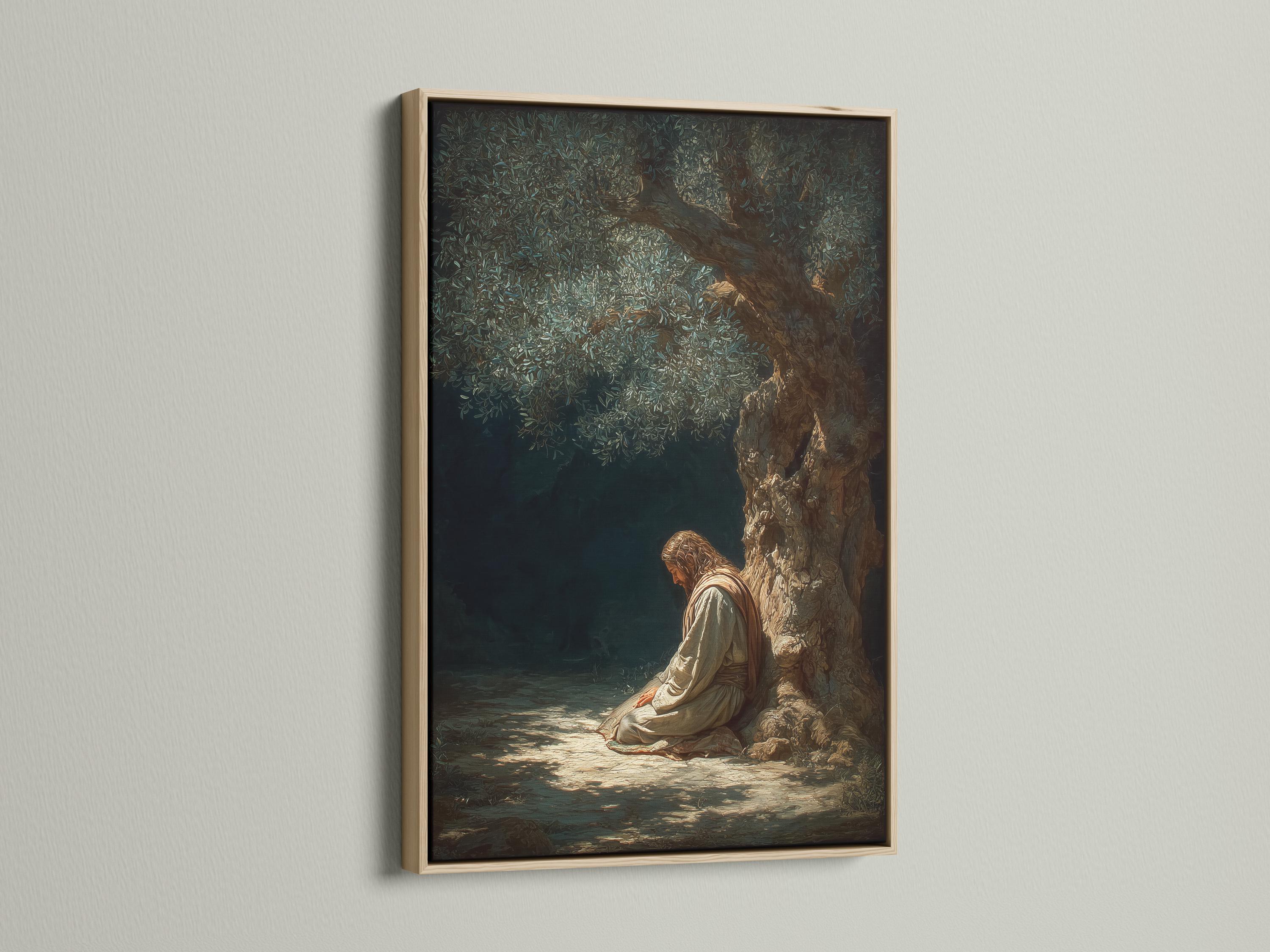 Olive tree praying figure artwork with muted greens and warm gold highlights detail view