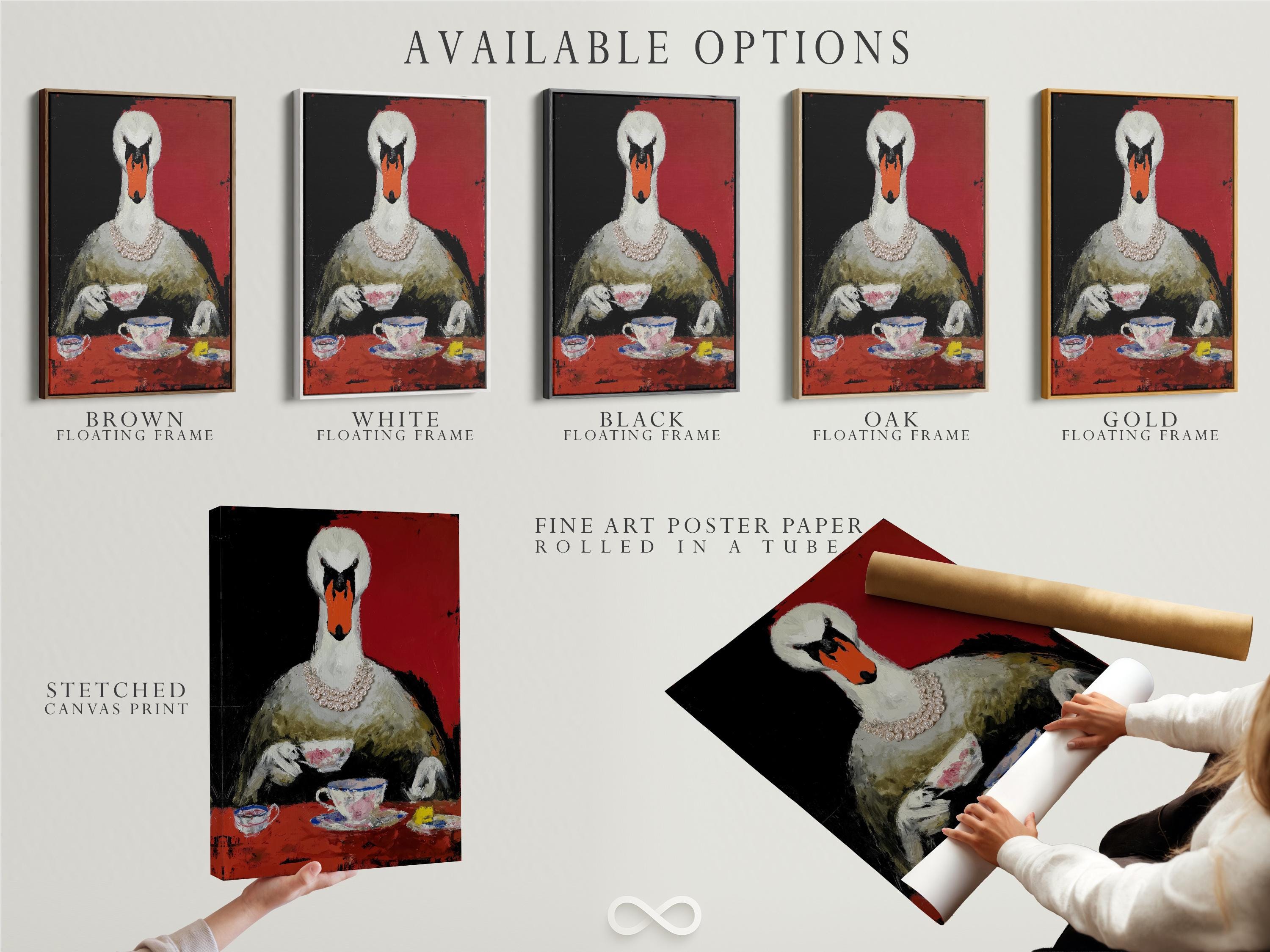 Stylised swan portrait in red and black with a pearl-like necklace detail view