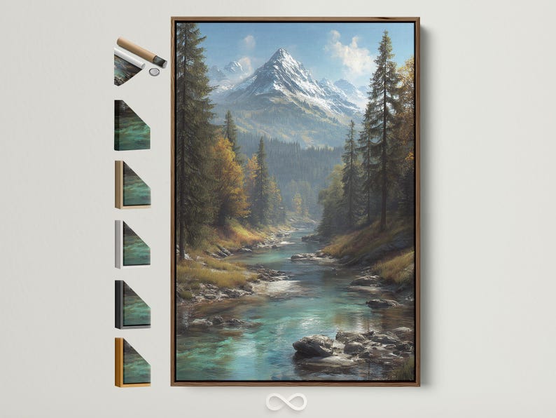 Teal mountain river landscape with evergreen forest, golden foliage and snow-capped peaks