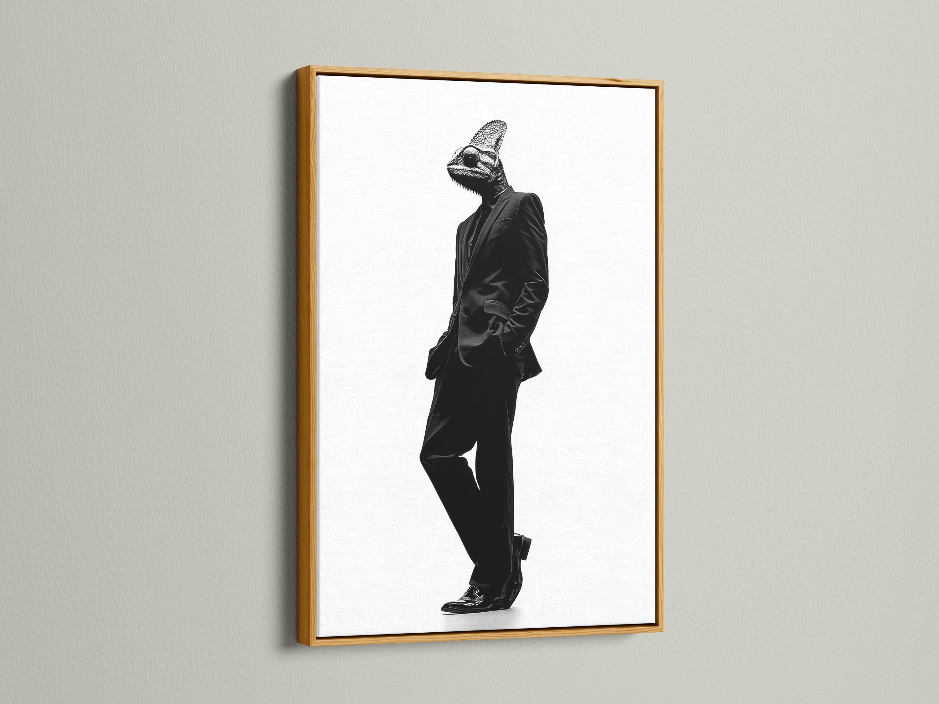 A monochrome chameleon head and suited figure walk in profile against a bright white background, rendered in high-contrast ink-like detail detail view