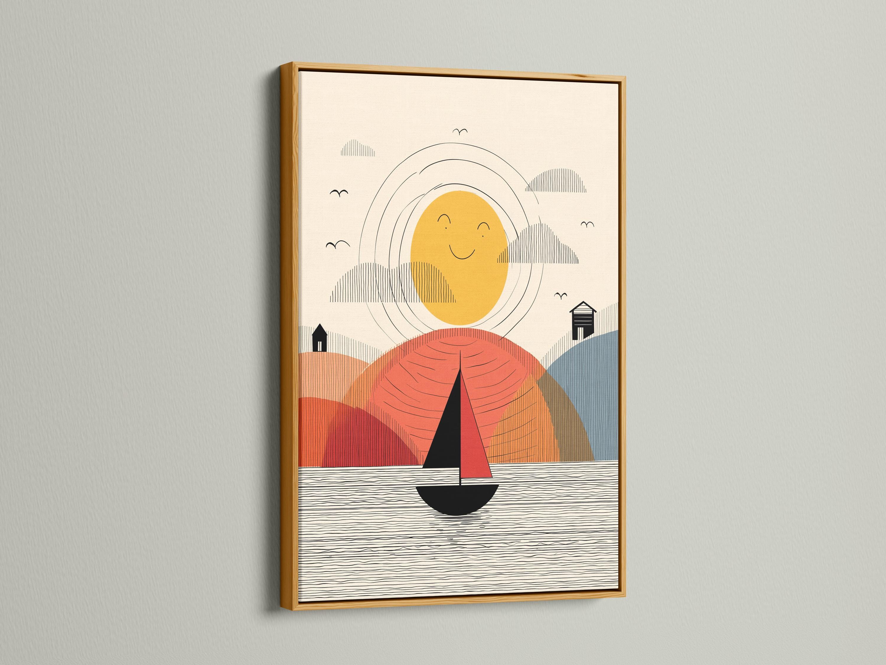 Geometric sailboat scene with a smiling yellow sun, wavy water lines, and layered hills in coral and blue detail view
