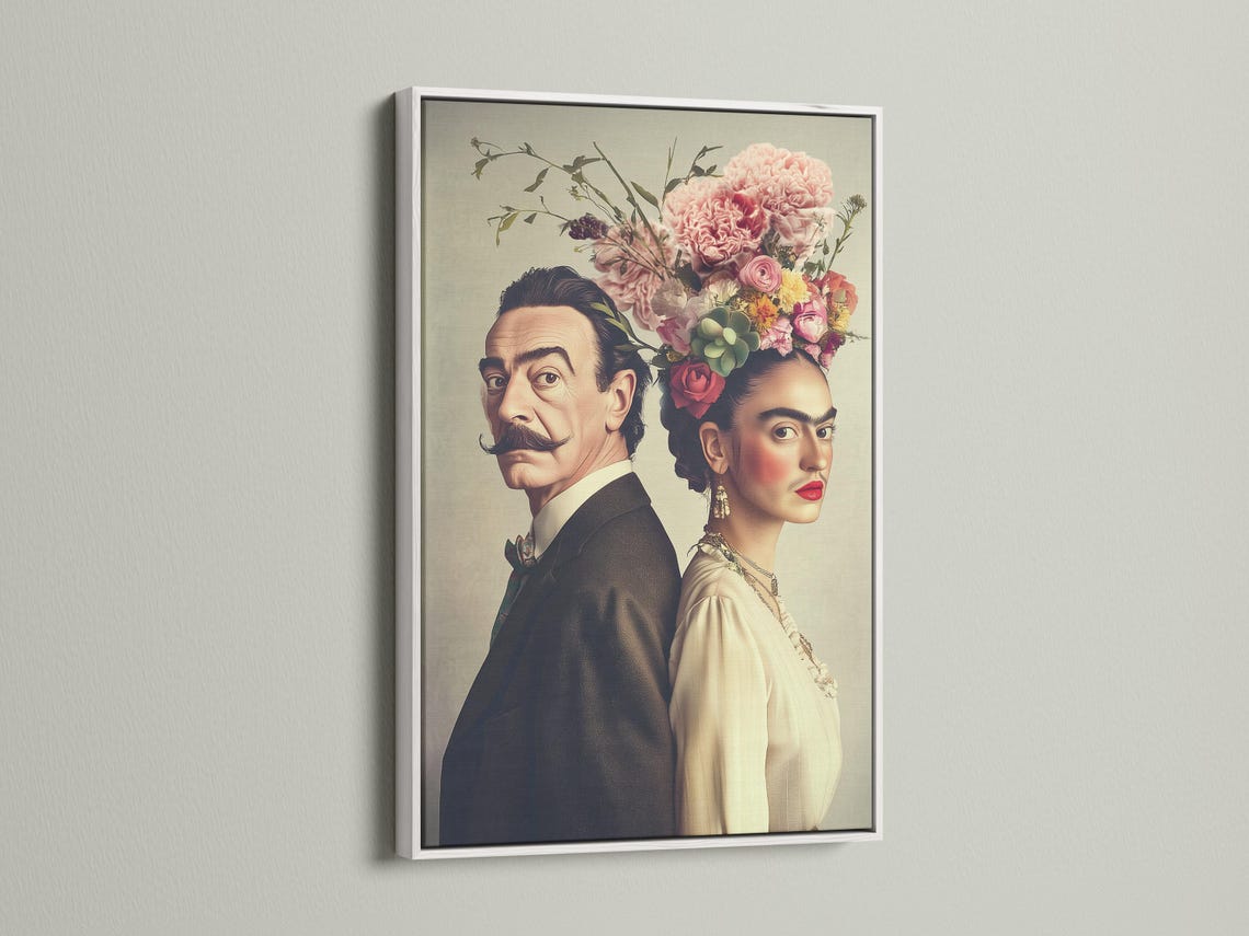 Mockup showing a framed couple portrait artwork with a floral head crown