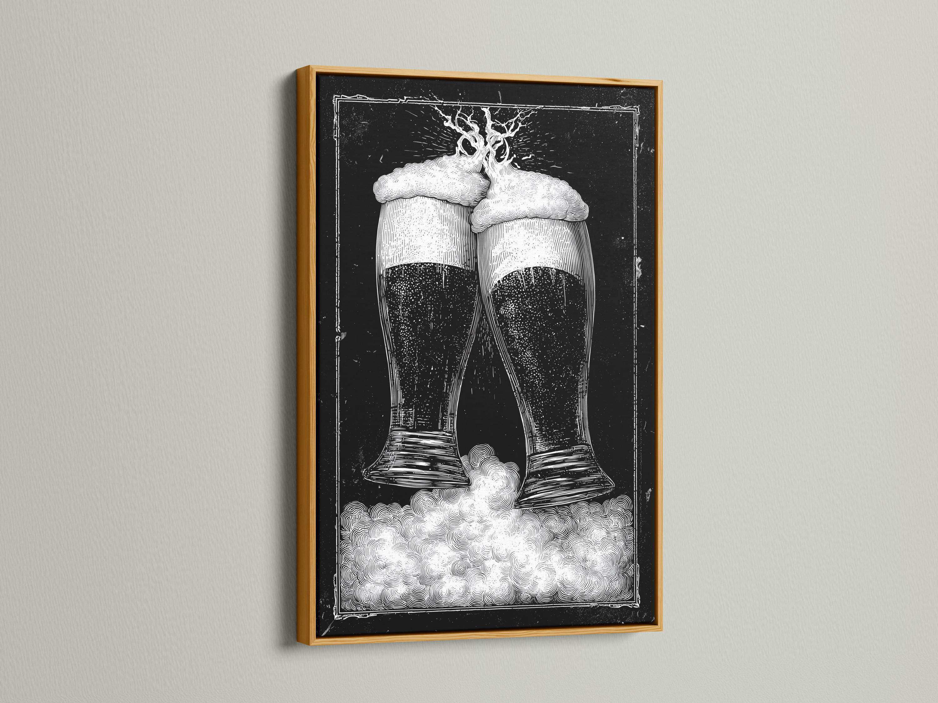 Monochrome illustration of two clinking beer glasses with foamy heads on a dark speckled background detail view