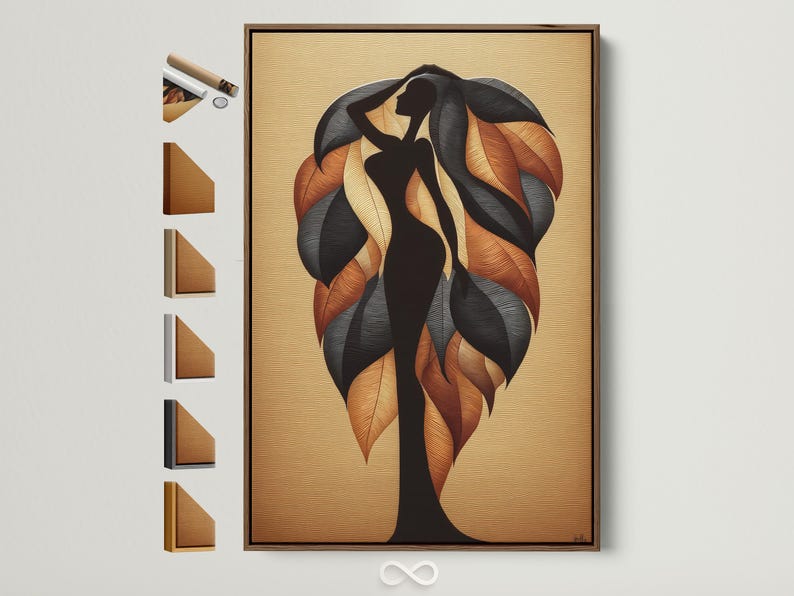 Leaf silhouette artwork with a dark figure shape and swirling burnt orange leaf forms on a beige textured background