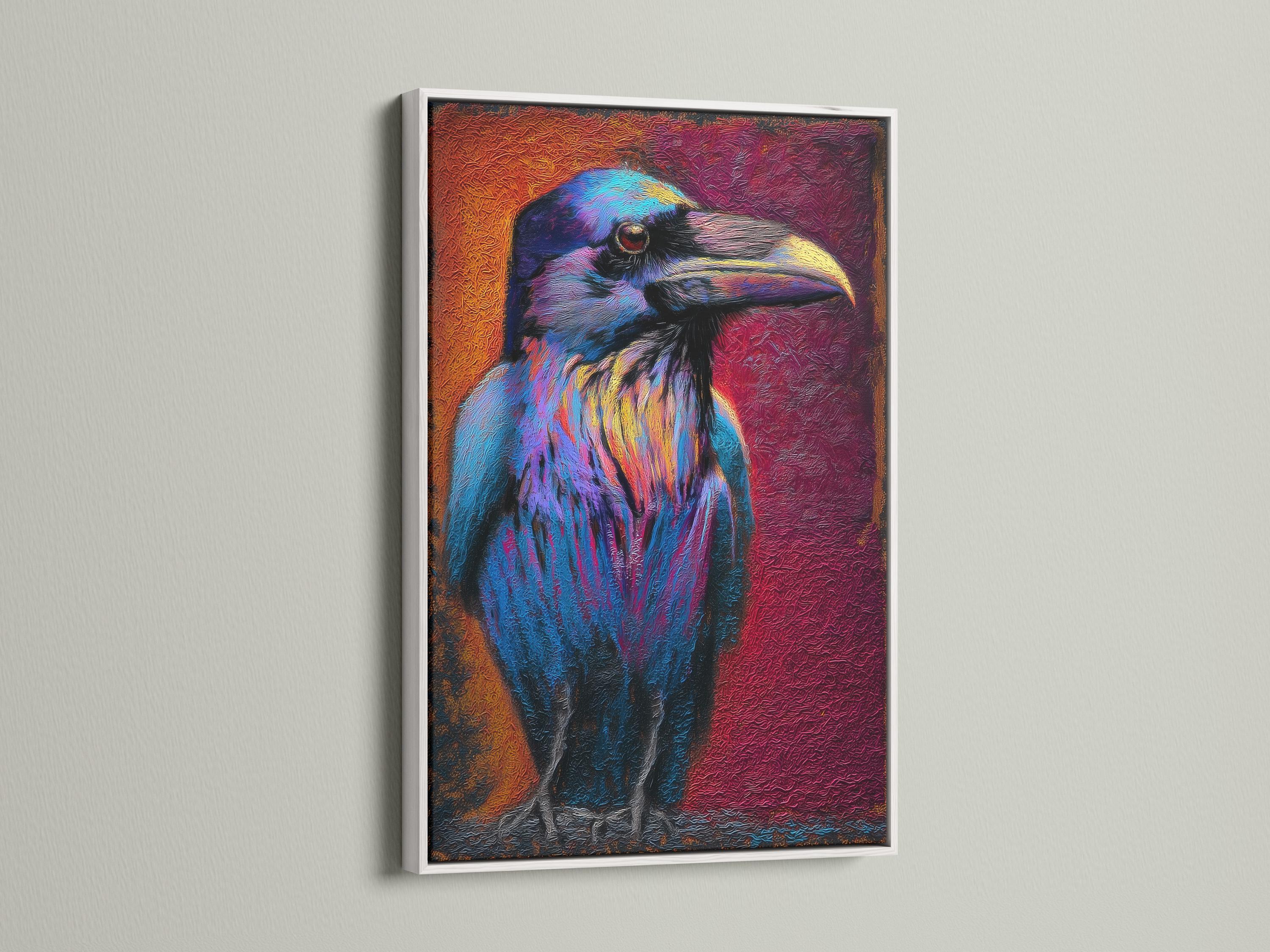 A raven portrait artwork displayed in a barbershop setting
