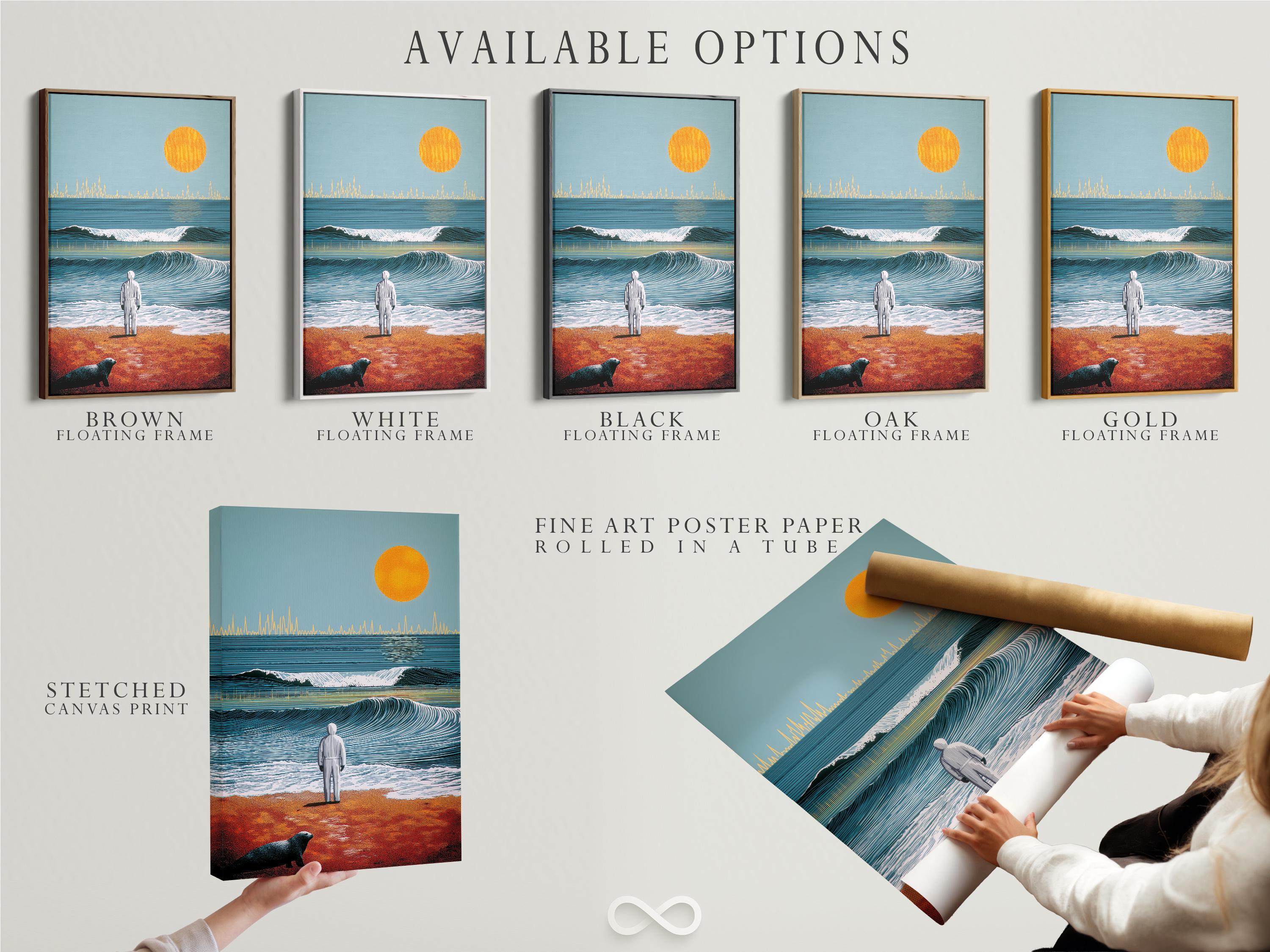 Stylised seascape with teal ocean waves, an orange sun, a beach figure, and a dark animal silhouette detail view