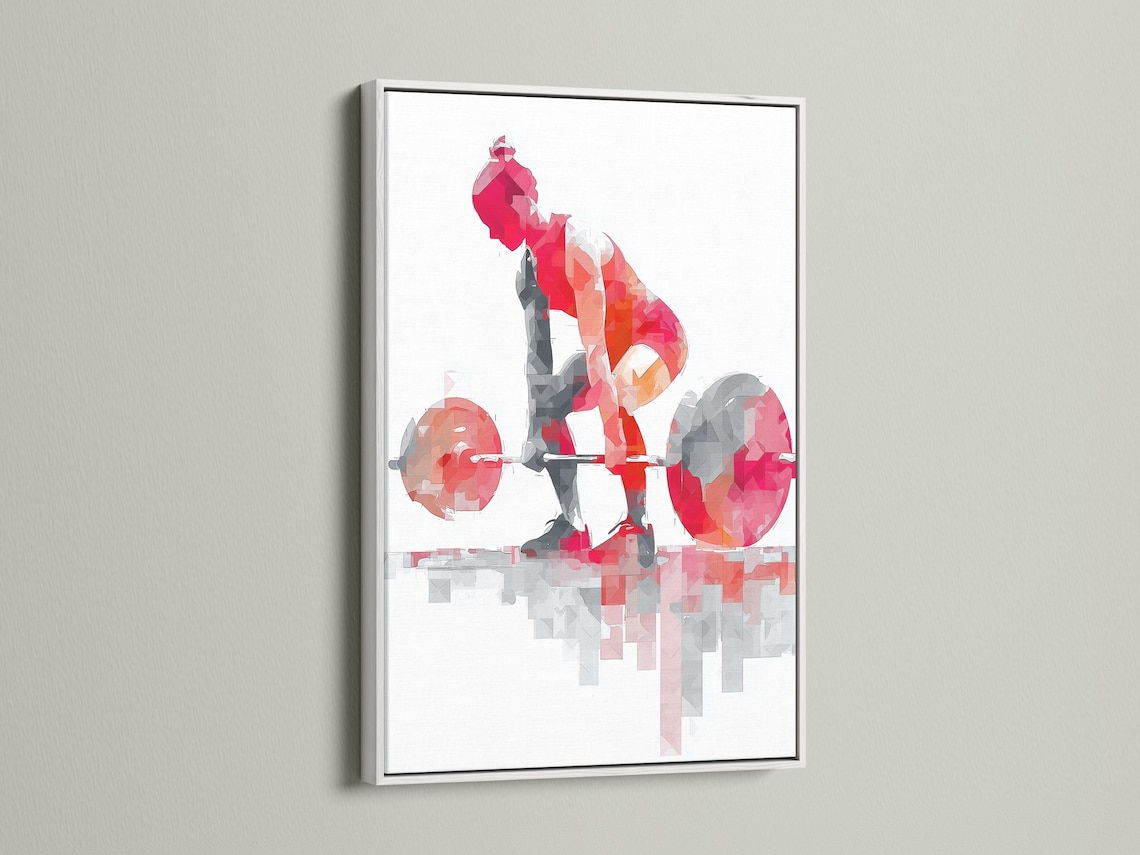 Fitness artwork mockup showing a red and grey weightlifter lifting a barbell inside a frame