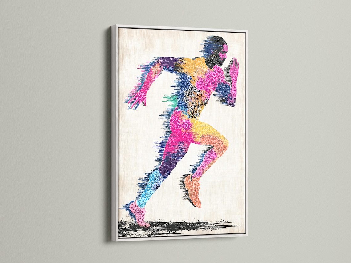 Abstract running man artwork with multicolour speckled figure and black accents detail view
