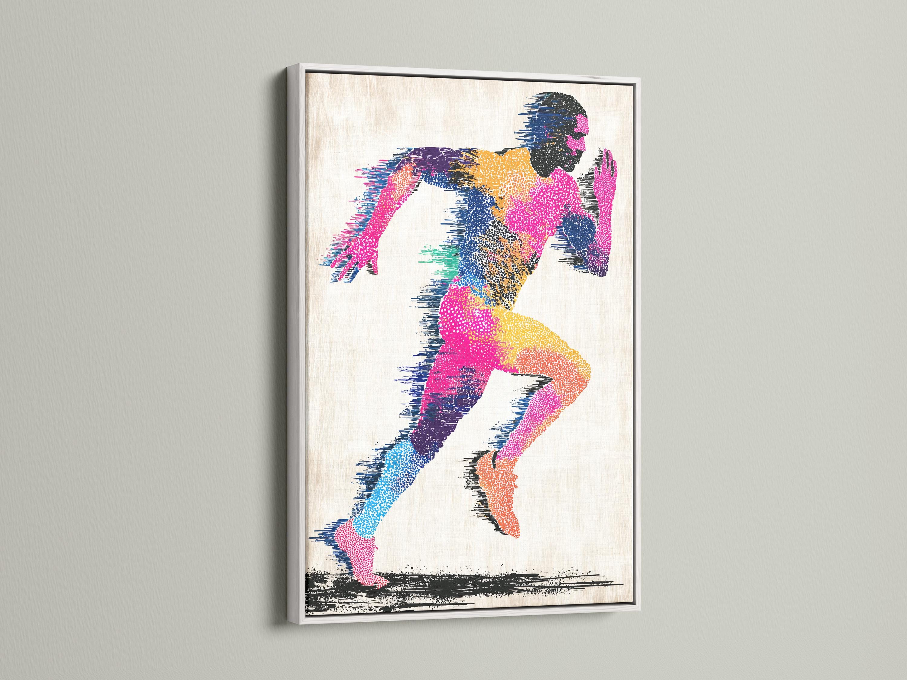Abstract running man artwork with multicolour speckled figure and black accents detail view