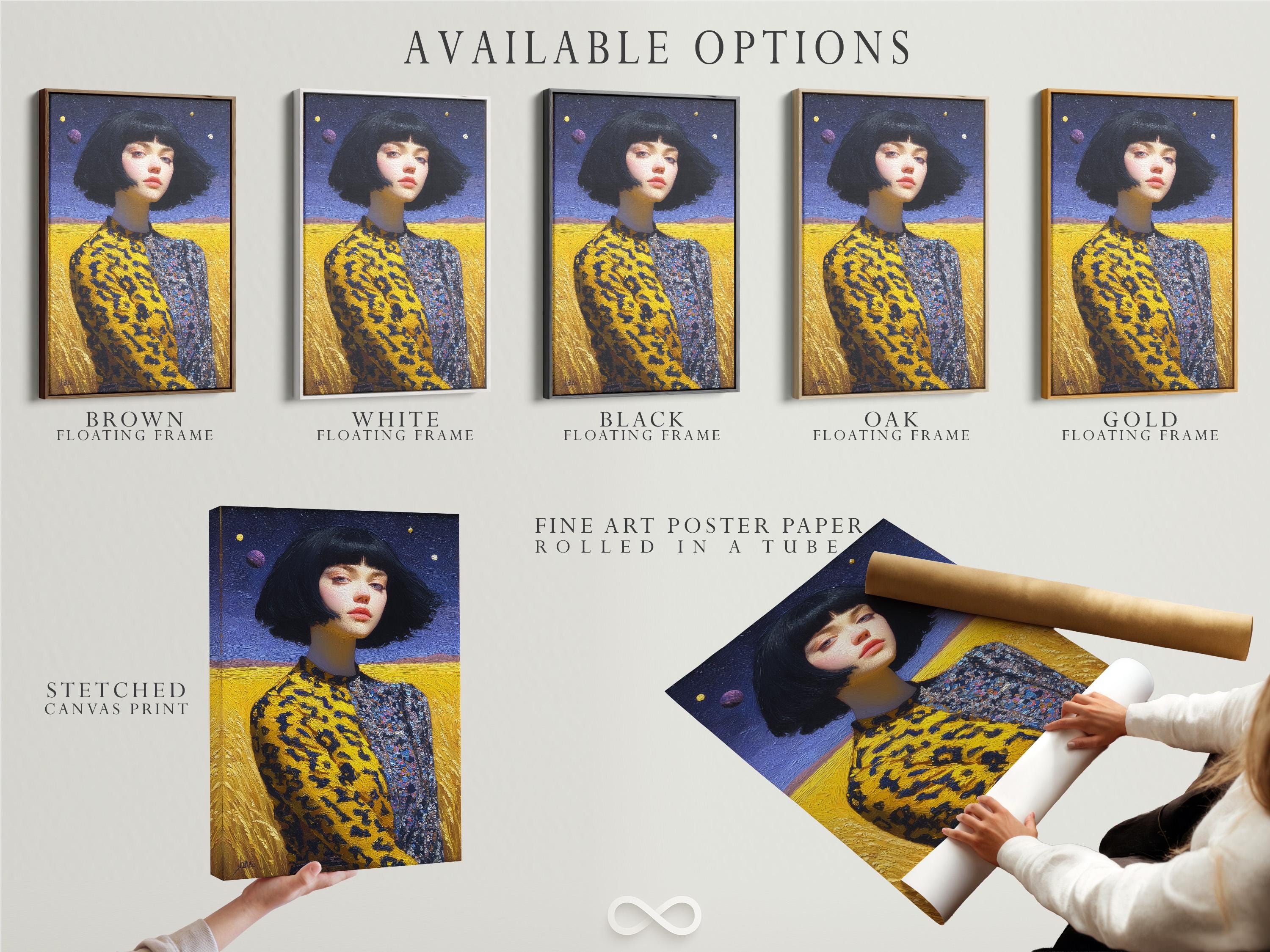 Stylised woman portrait with bob haircut against starry blue sky and golden landscape detail view