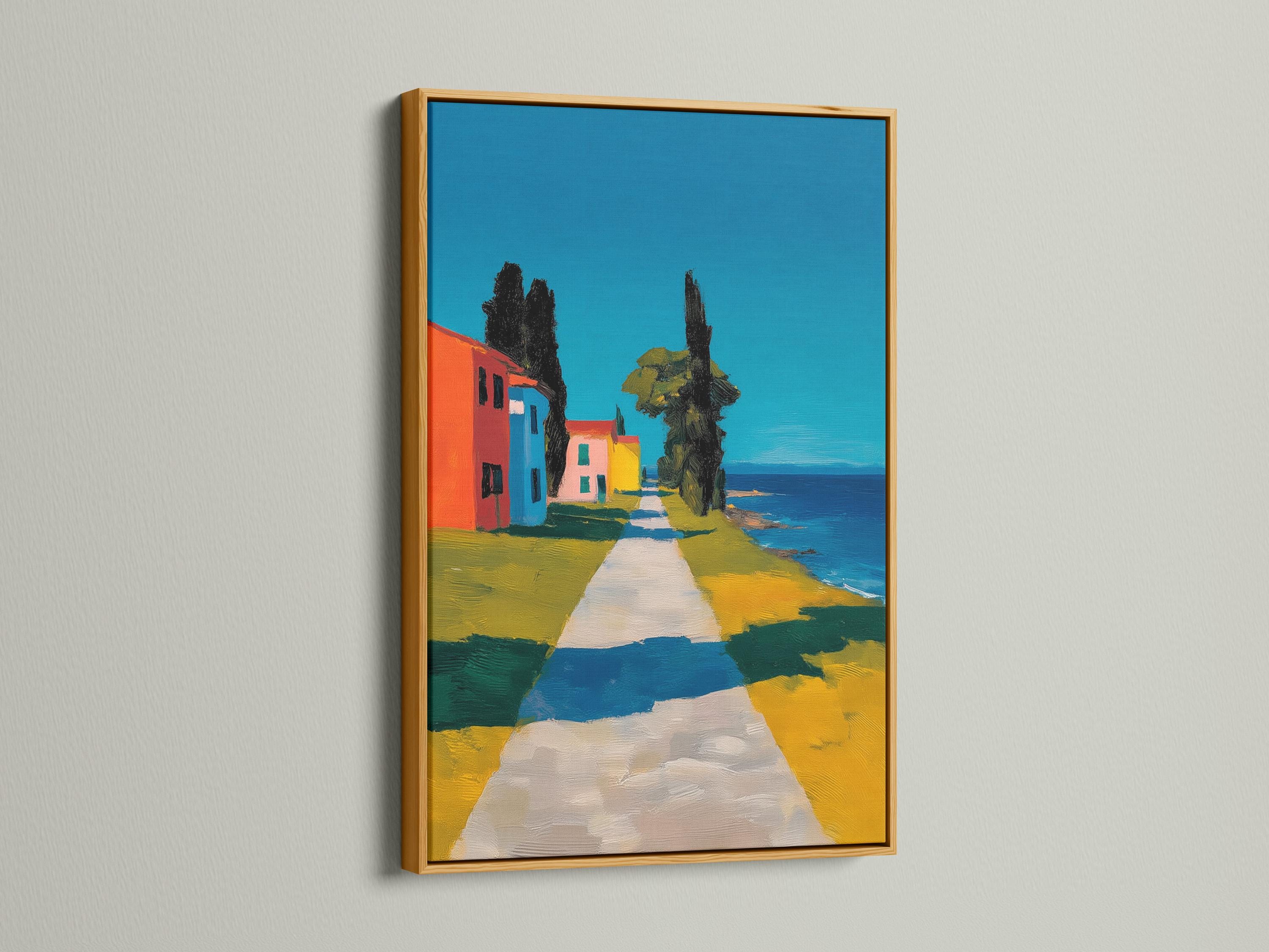 Blue coastal village painting showing colourful houses, a tower and a path leading to the sea detail view