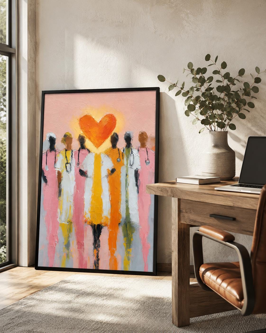 Orange heart above stylised healthcare worker figures on a pink painterly background detail view