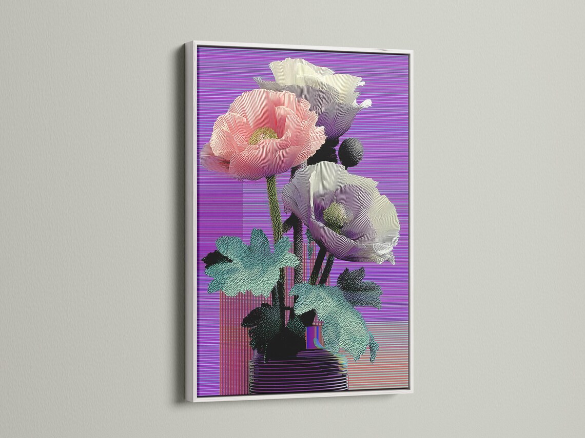 Retro glitch poppy flowers in pink, purple and teal with a striped vase and horizontal purple lines detail view