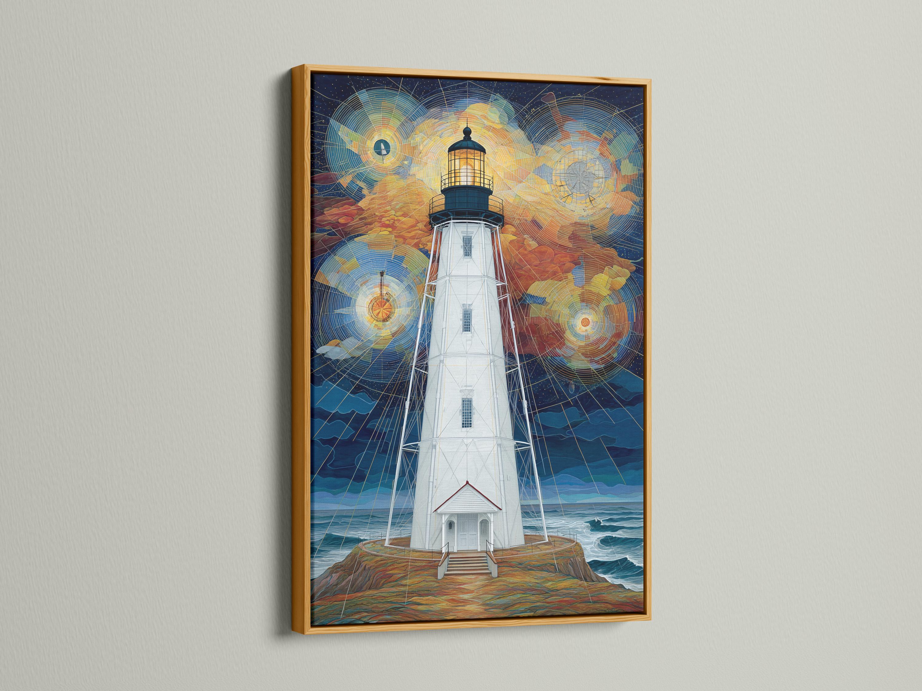 Geometric lighthouse painting with starry night sky and swirling circular light patterns detail view