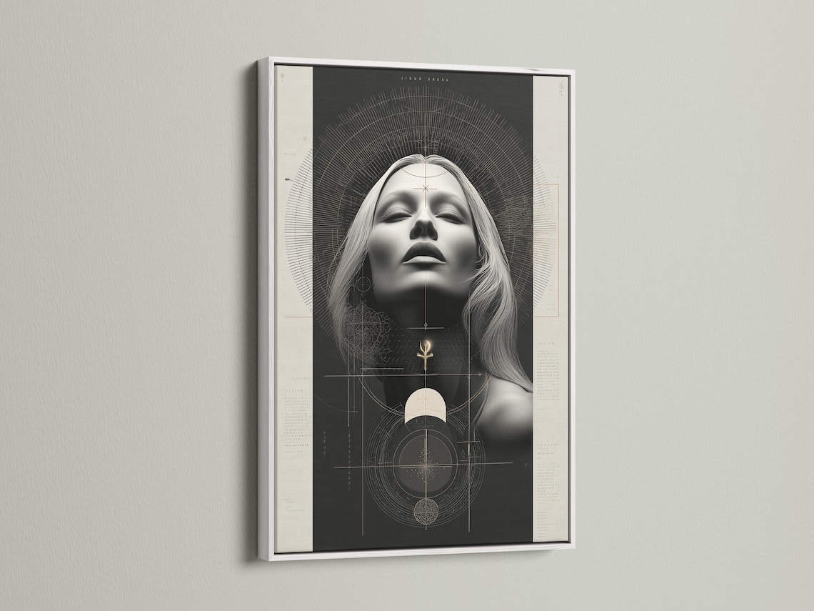 Geometric woman portrait artwork with grayscale face, arcs and black and beige tones plus small gold symbols detail view