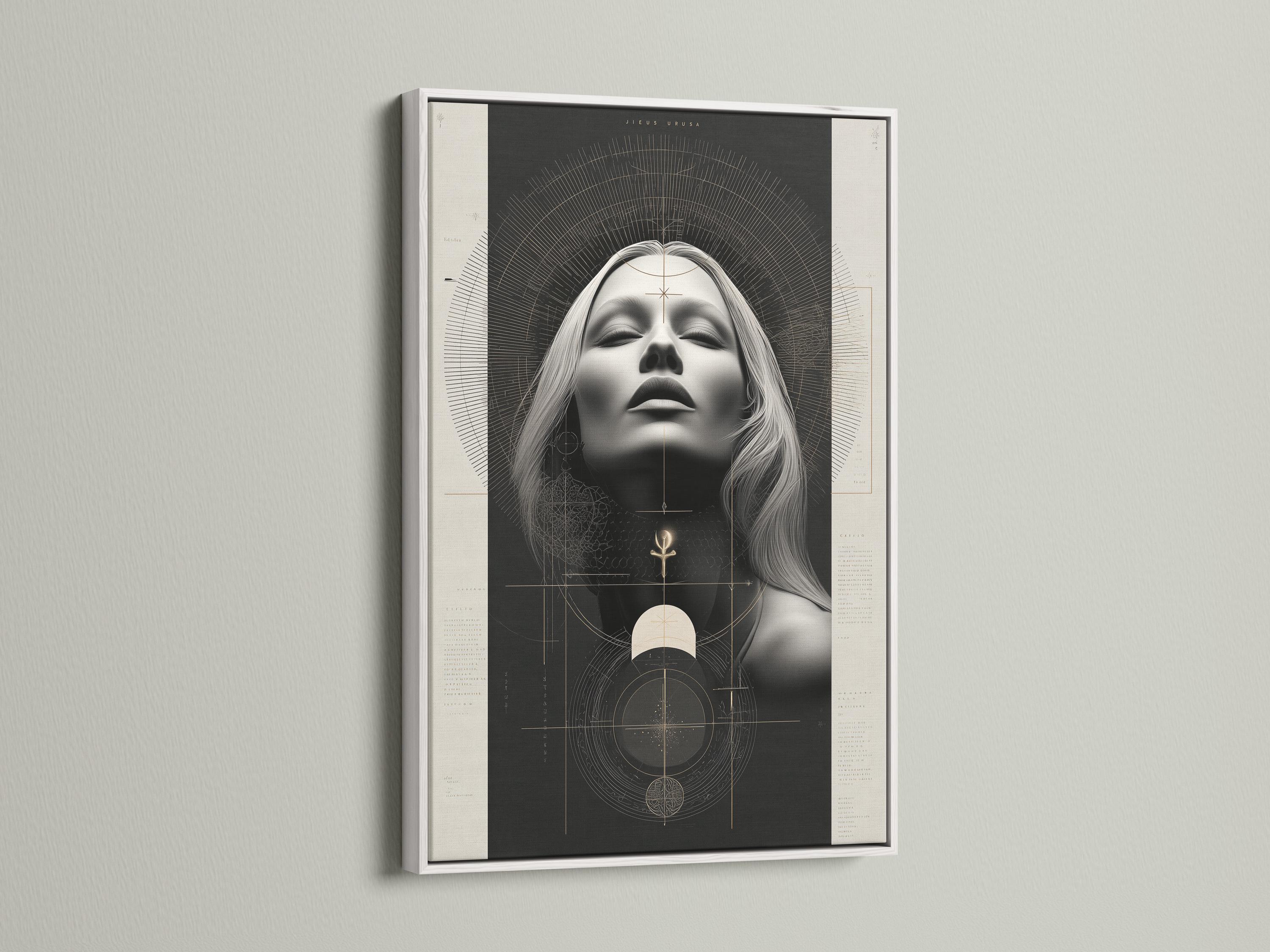 Geometric woman portrait artwork with grayscale face, arcs and black and beige tones plus small gold symbols detail view