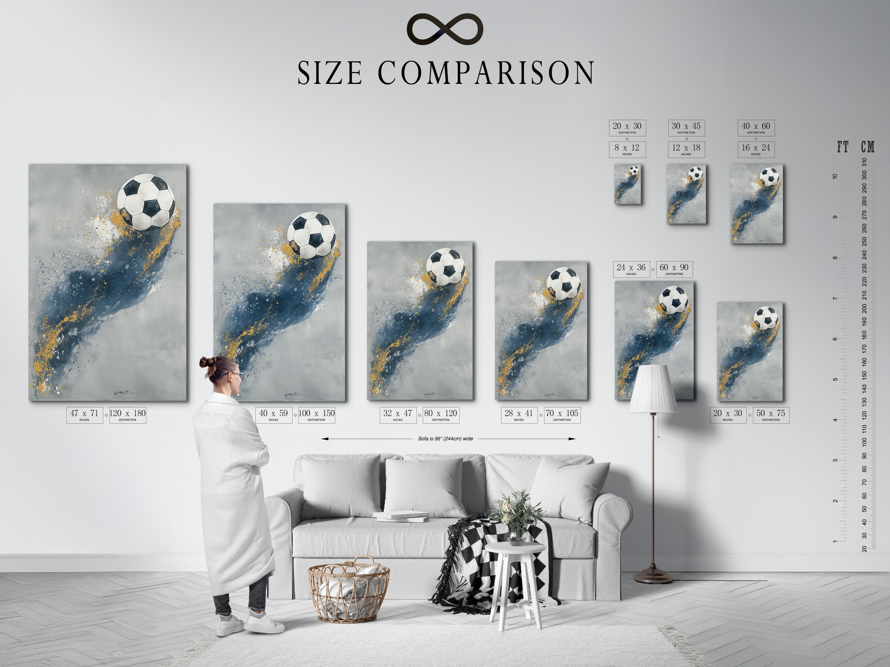 A stylised soccer ball sits on a textured, grey-blue background with scattered white speckles and warm gold paint-like splashes detail view