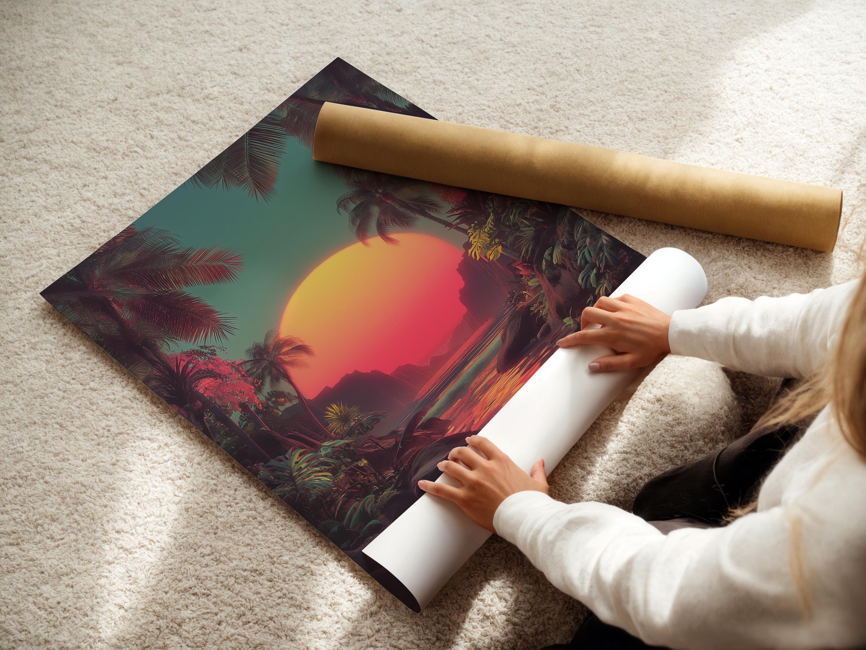 Mockup showing a framed retro tropical sunset seascape with palm trees and reflective water