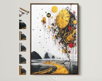 Gold Time Gears Abstract Canvas Art - Clock Steampunk Wall Decor, Black and White Landscape, Modern Office Artwork, Housewarming Gift Idea