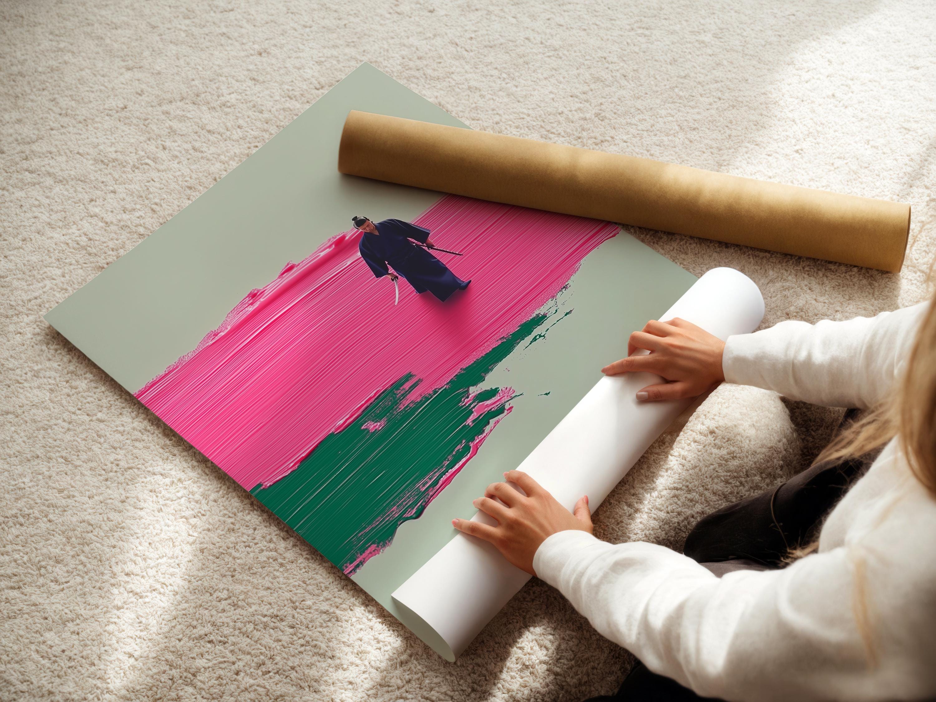A stylised warrior figure walking across hot pink and emerald green textured bands on a pale background detail view