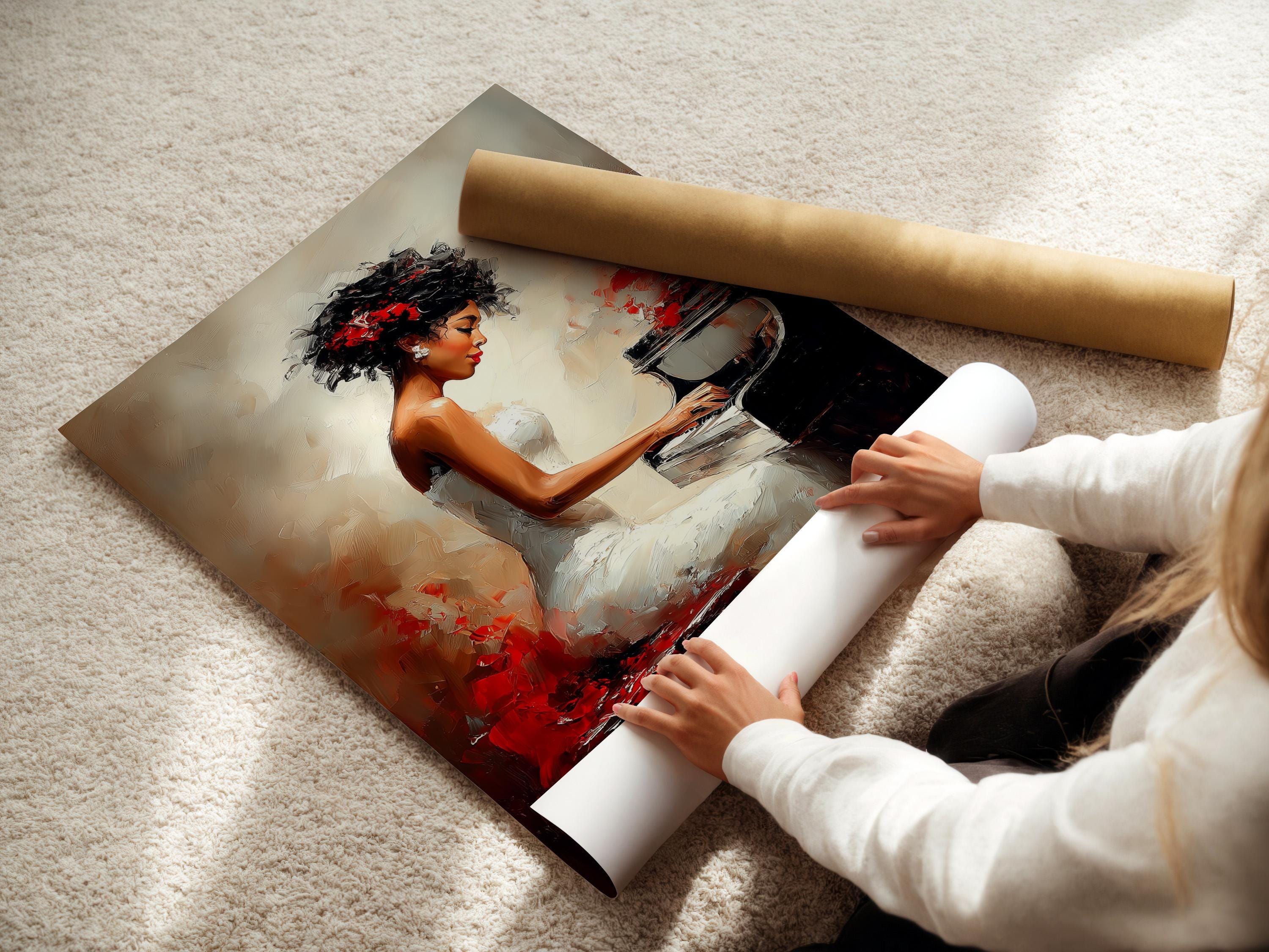 Portrait painting of a woman playing the piano with black, red and light neutral tones detail view