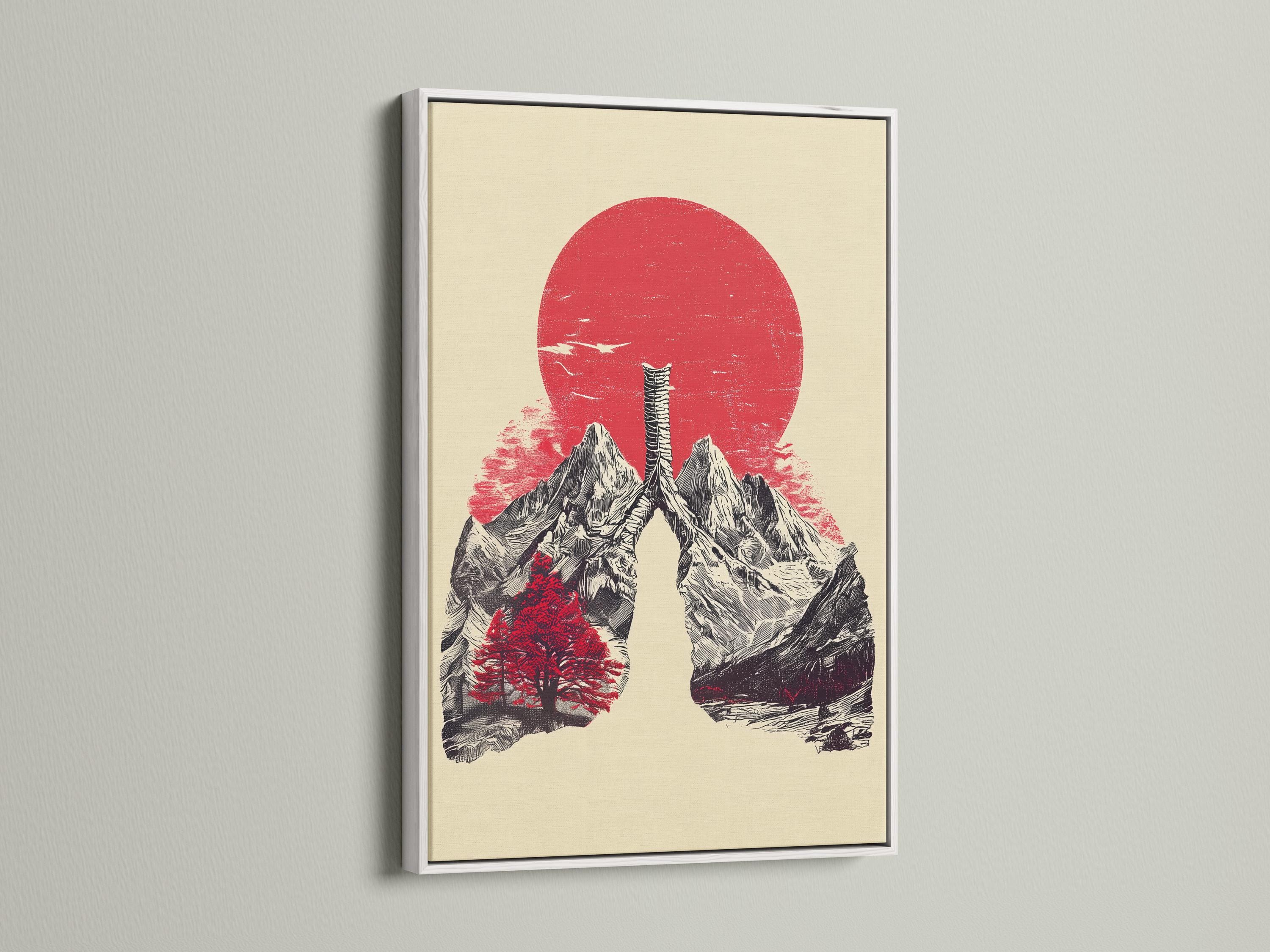 Mountain landscape artwork with a red sun, monochrome peaks, and a ribcage-like figure detail view
