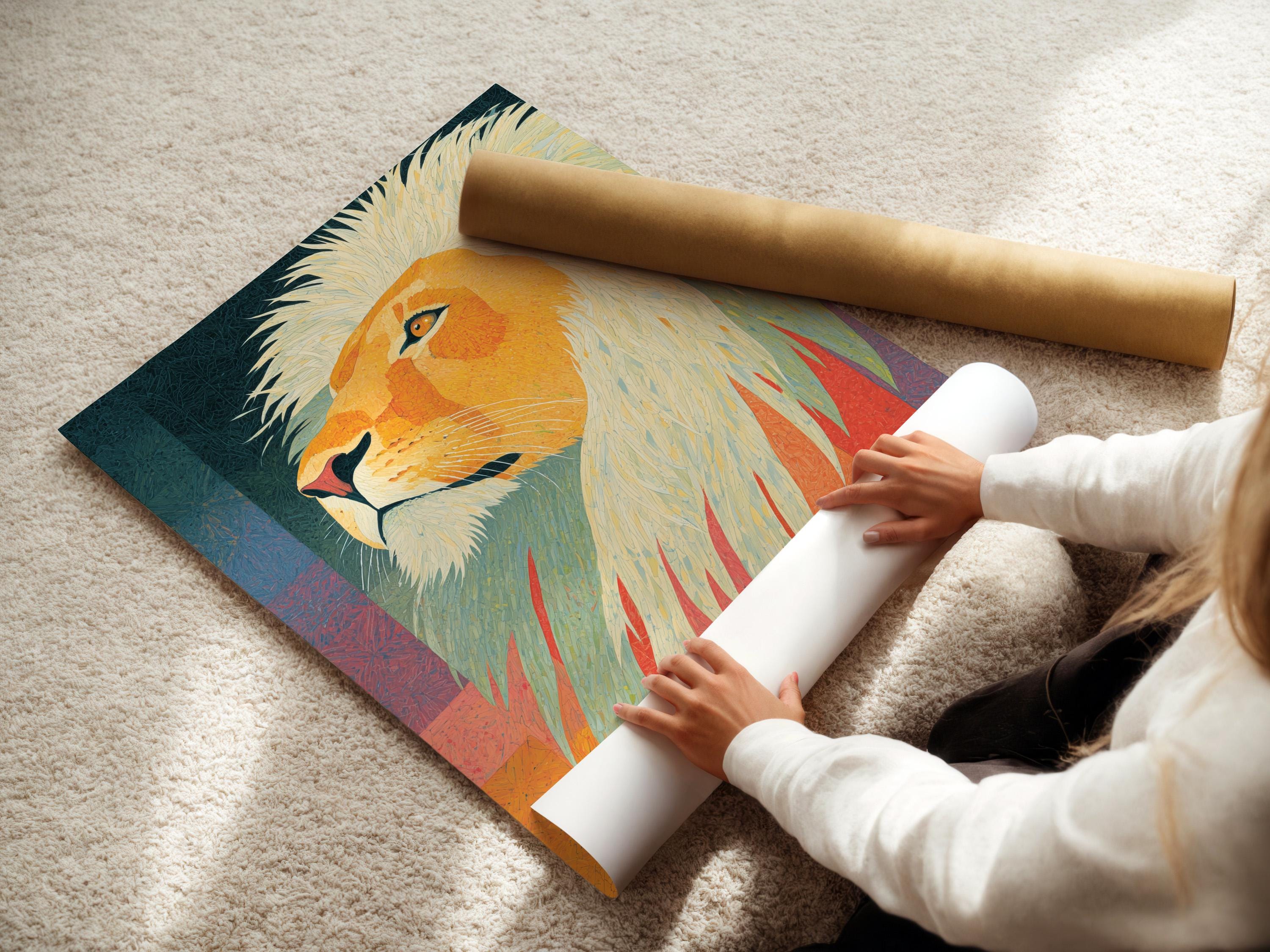 A lion portrait is shown in bright golden ochres with pale cream mane, set against a teal and sunset-coloured geometric background detail view