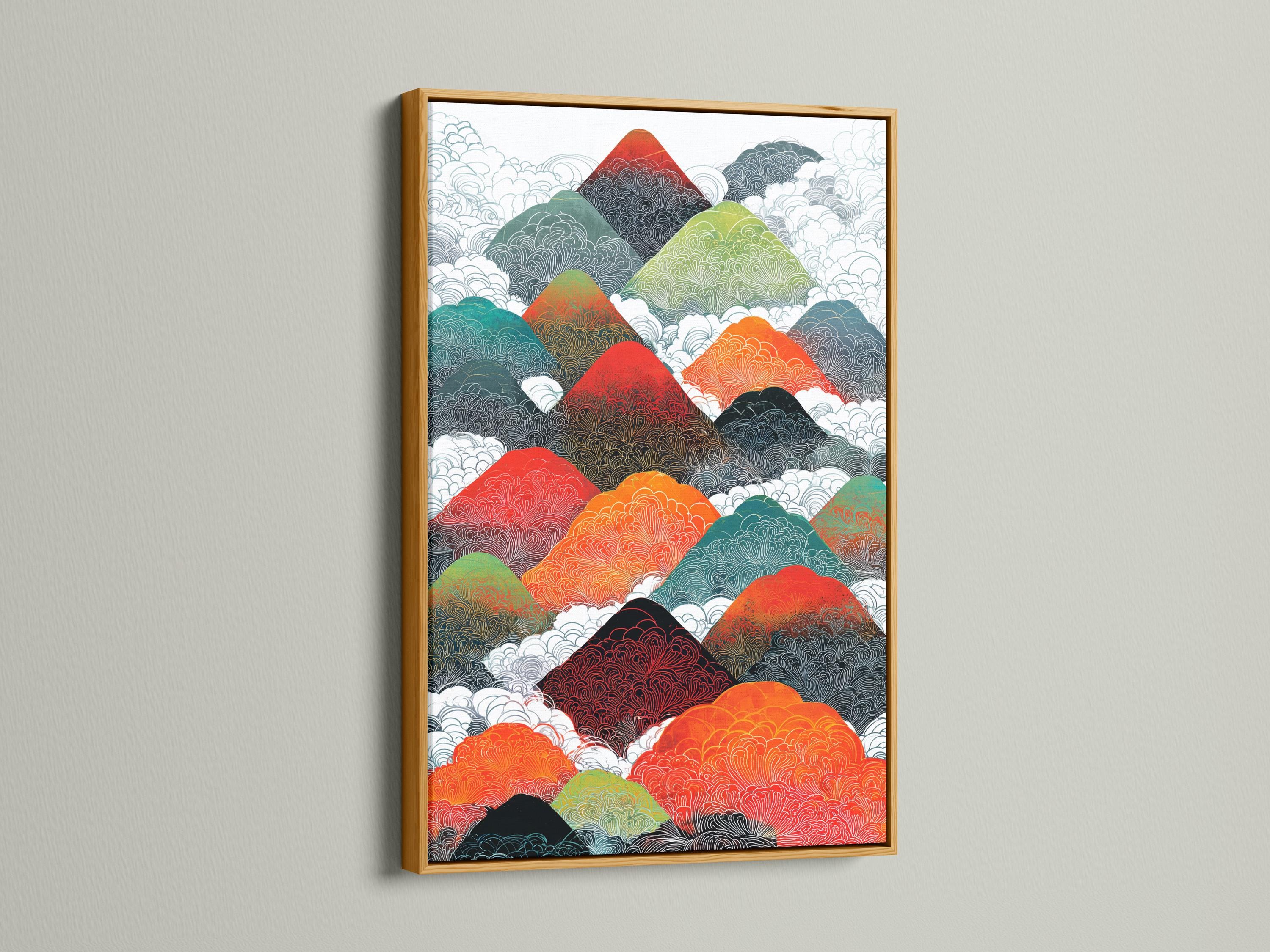 Illustrated mountain range with repeating contour line texture in red, orange, teal and green detail view