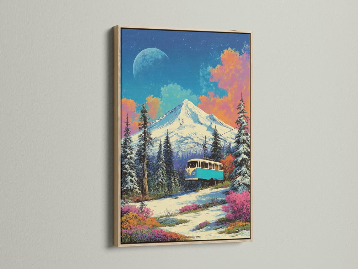 Turquoise bus on a snowy mountain road under a moonlit deep blue sky detail view