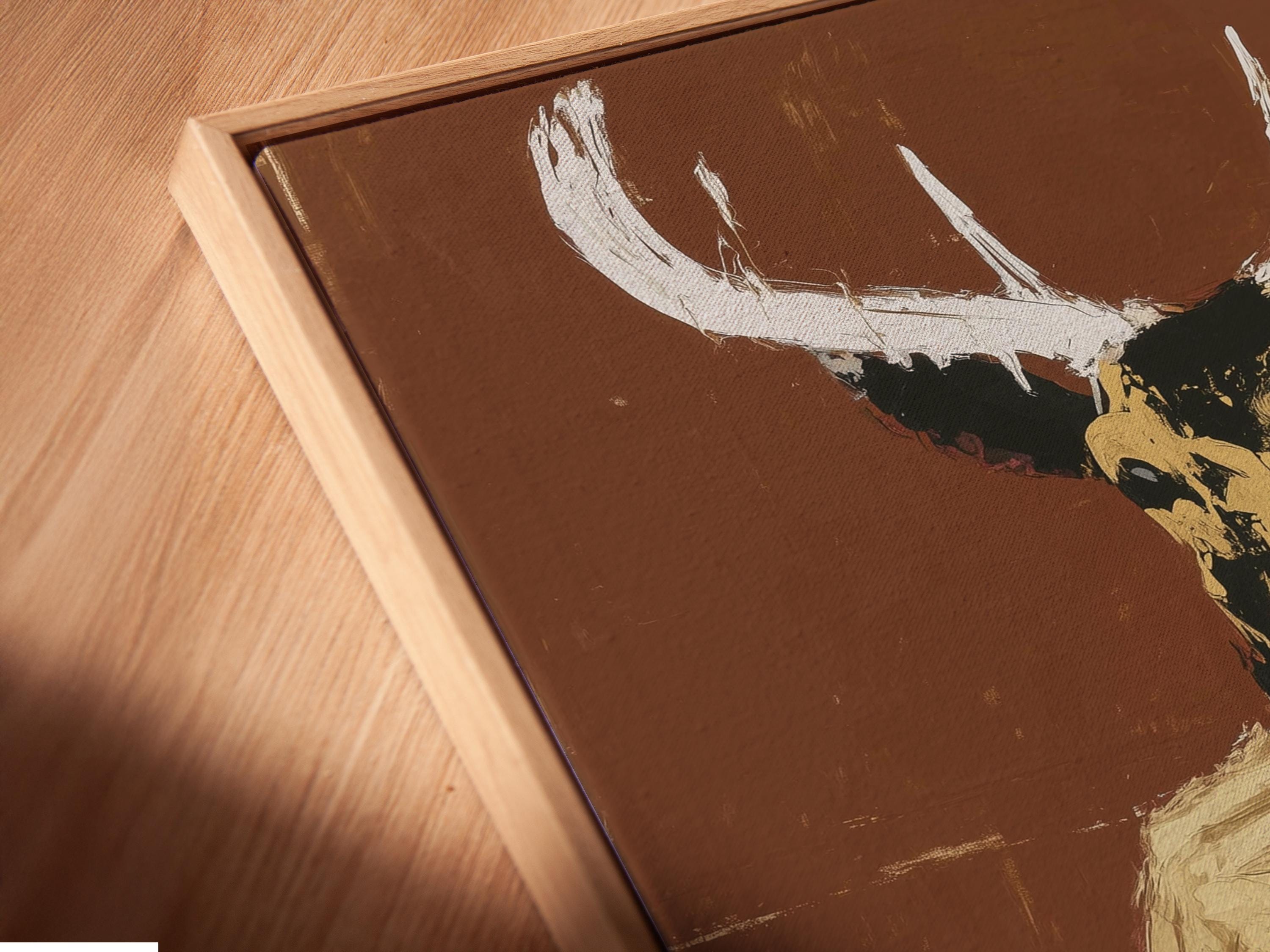 Stylised deer portrait with large antlers and a cup, in warm brown with teal and pink accents detail view