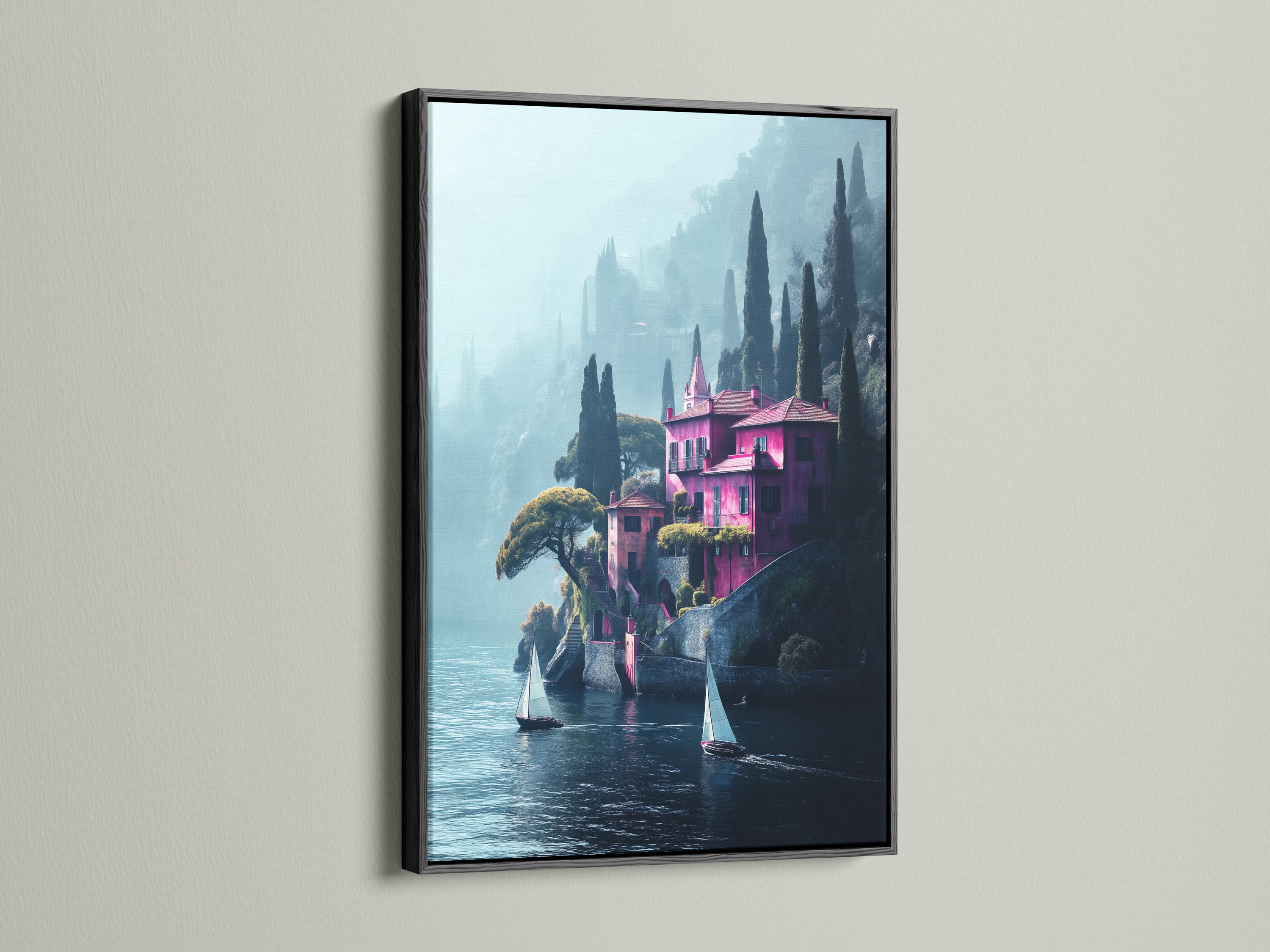 Pink villa lakeside landscape with tall cypress trees and sailboats on blue water detail view