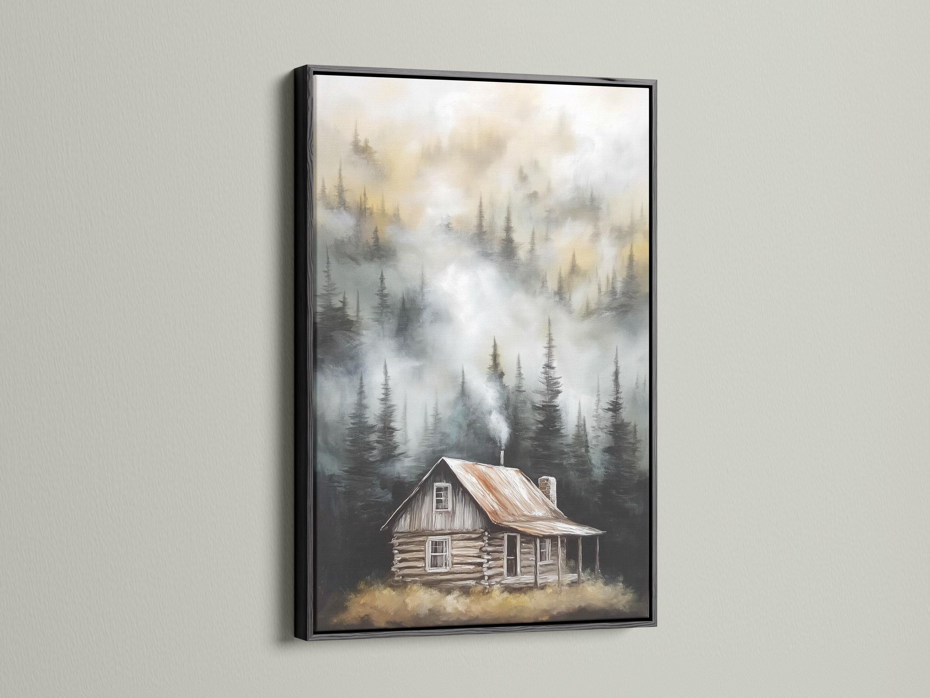 Misty forest with tall pine trees and a rustic cabin in the foreground detail view