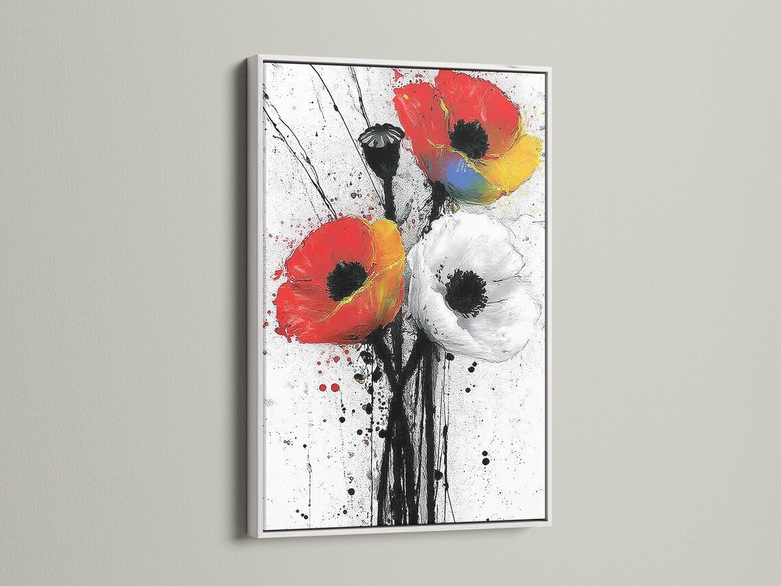 Stylised red poppy flower with black stems on a white speckled background detail view