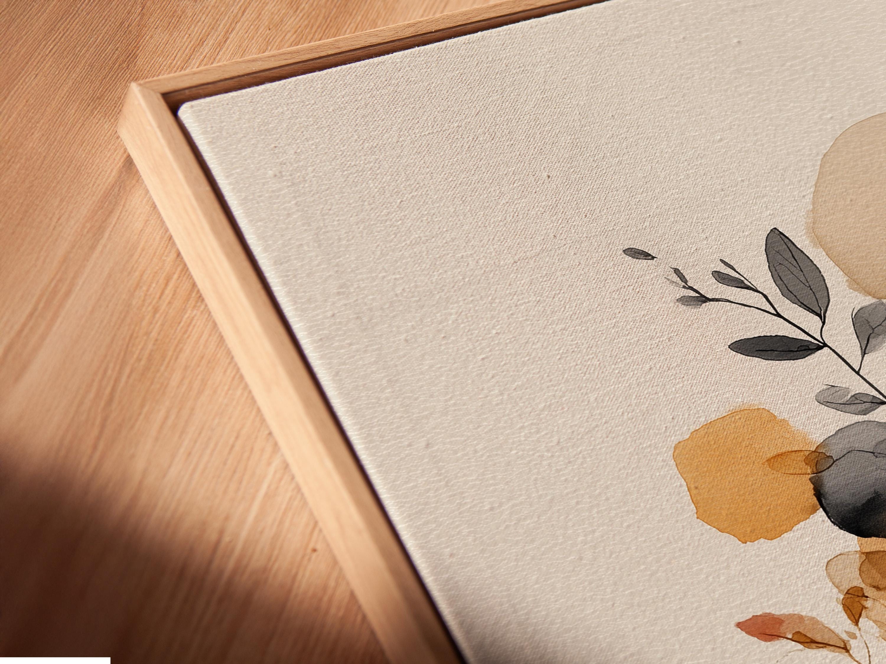 Minimalist botanical illustration with a woman silhouette, leaves, and rounded stones in neutral tones detail view