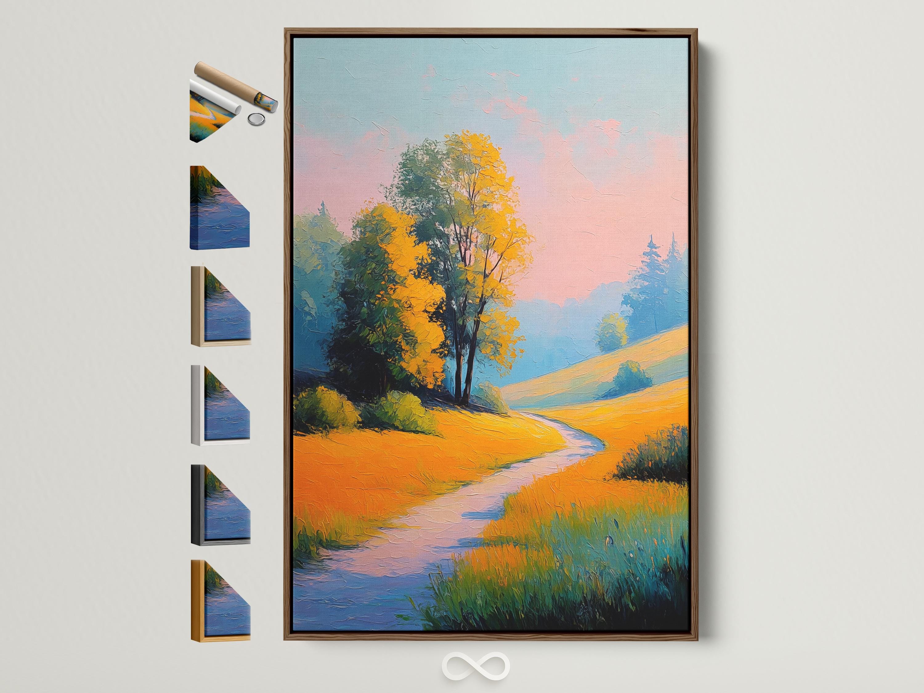 Painterly countryside landscape with a lone tree, golden fields, winding path and pastel pink-blue sky