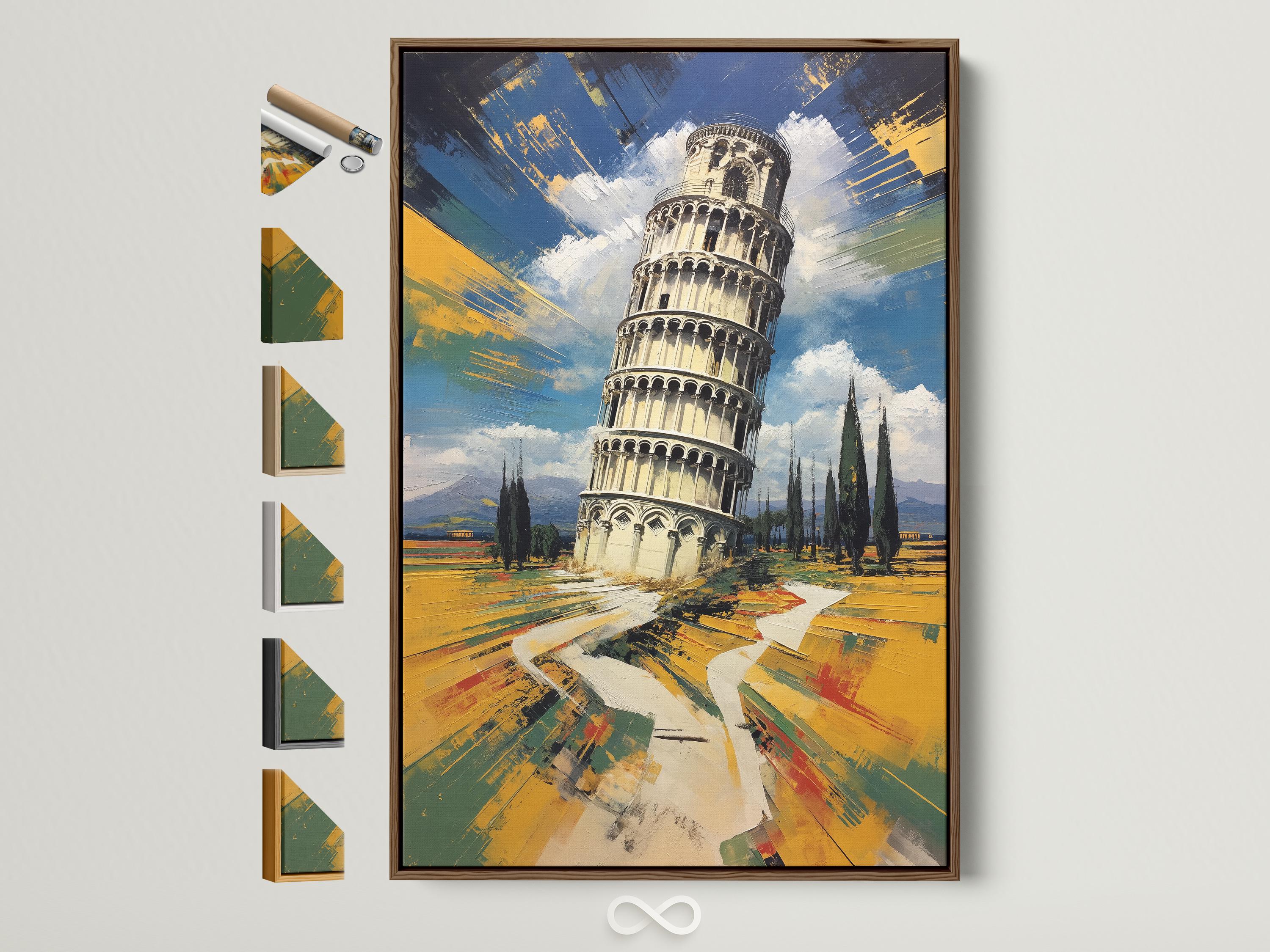 Man standing by a framed Leaning Tower of Pisa painting in an office-like room