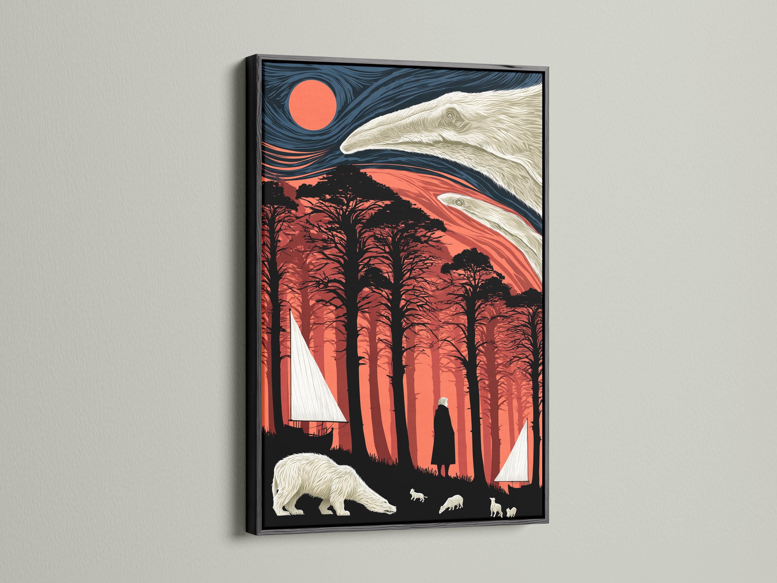 Stylised polar bear scene with a red sun, dark forest silhouettes, pale animals and a sailboat detail view