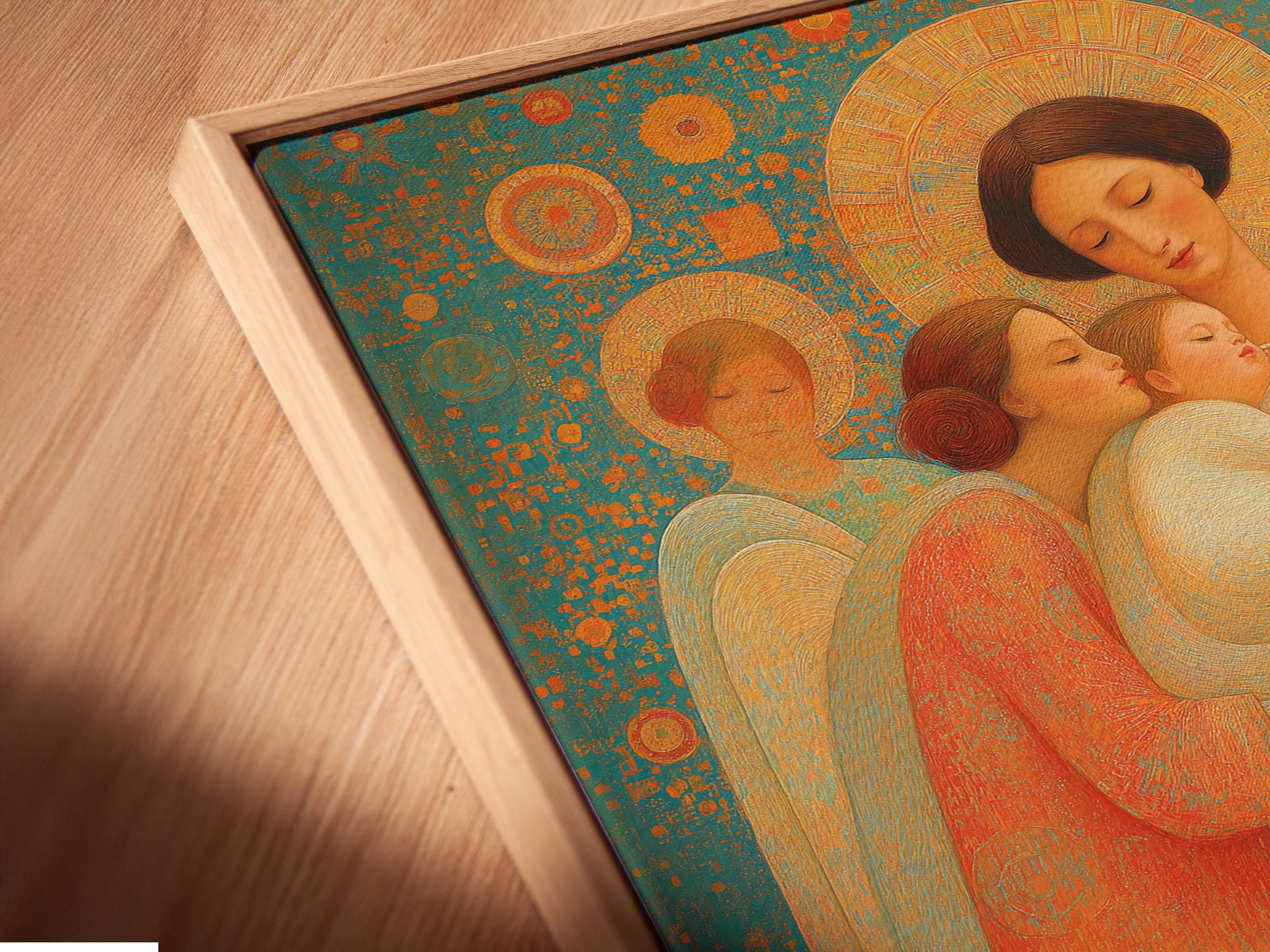 Angel family scene with haloed figures in teal, gold and cream, cradling a baby detail view