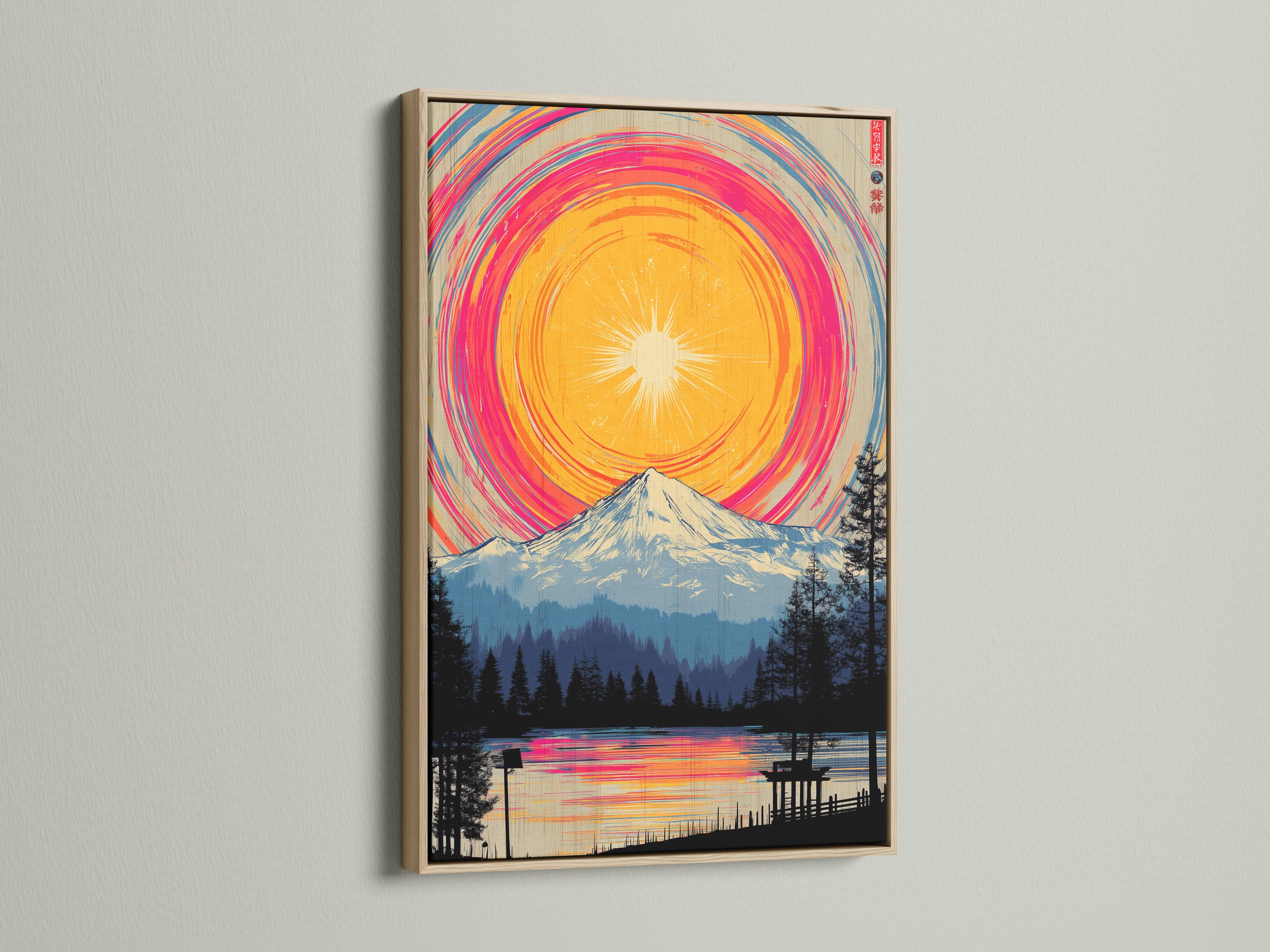 Stylised mountain landscape with a circular pink-orange sunrise and arc bands above forest silhouettes detail view