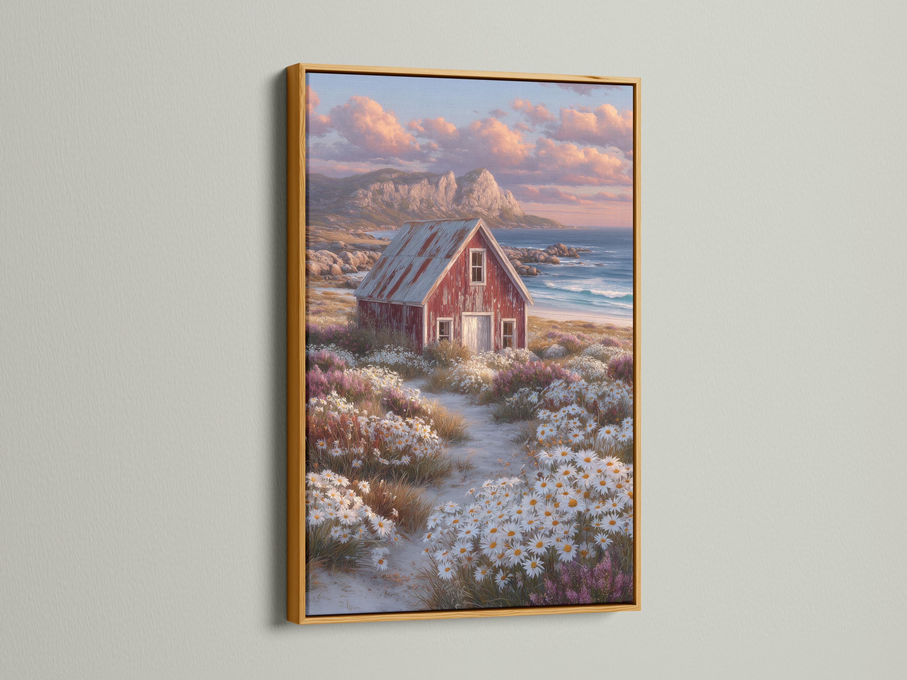 Red barn in a daisy field with ocean and sunset clouds in the background detail view