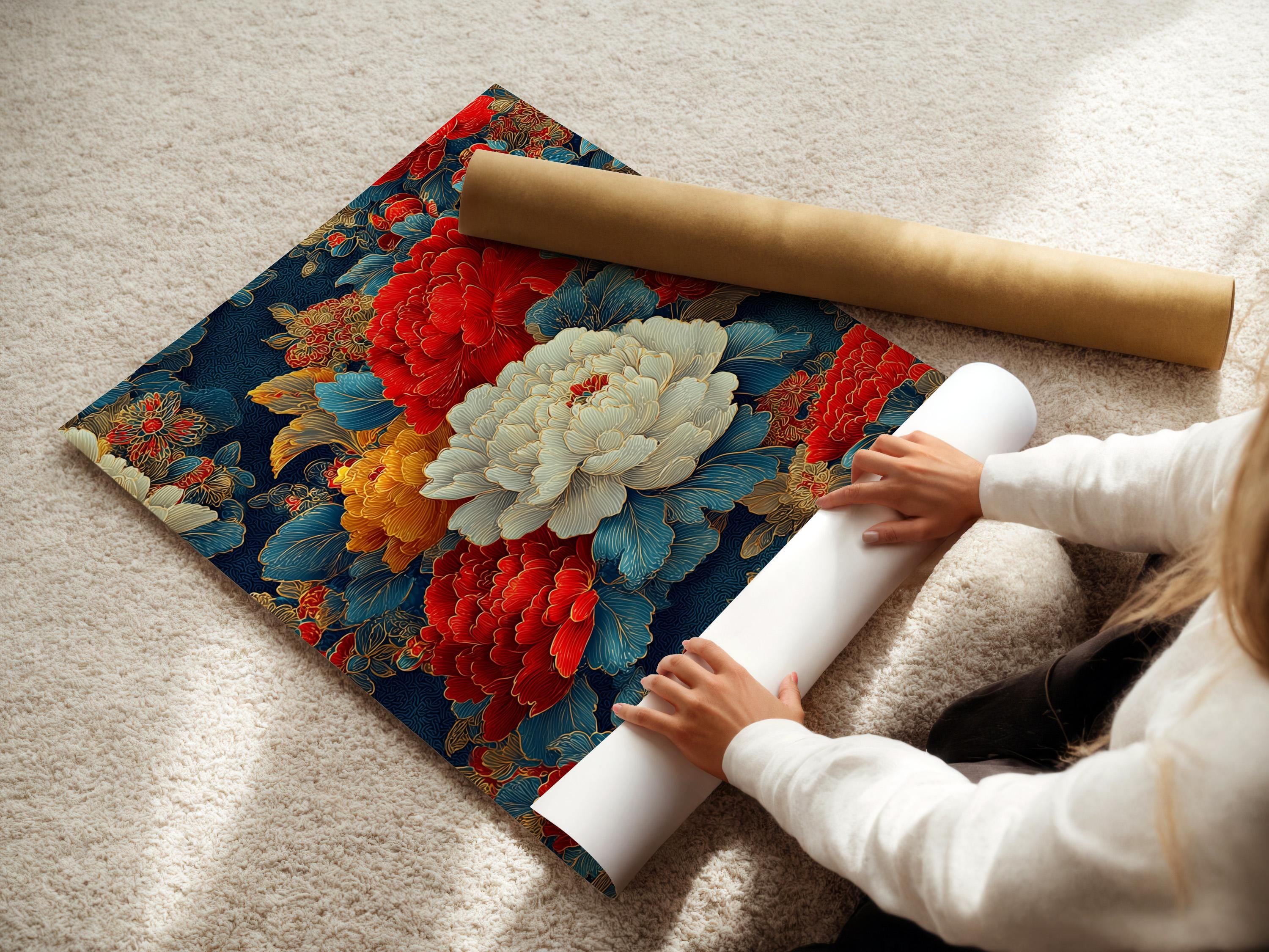 Wall mockup showing an ornate floral artwork with red peonies and cream petals framed against a light background