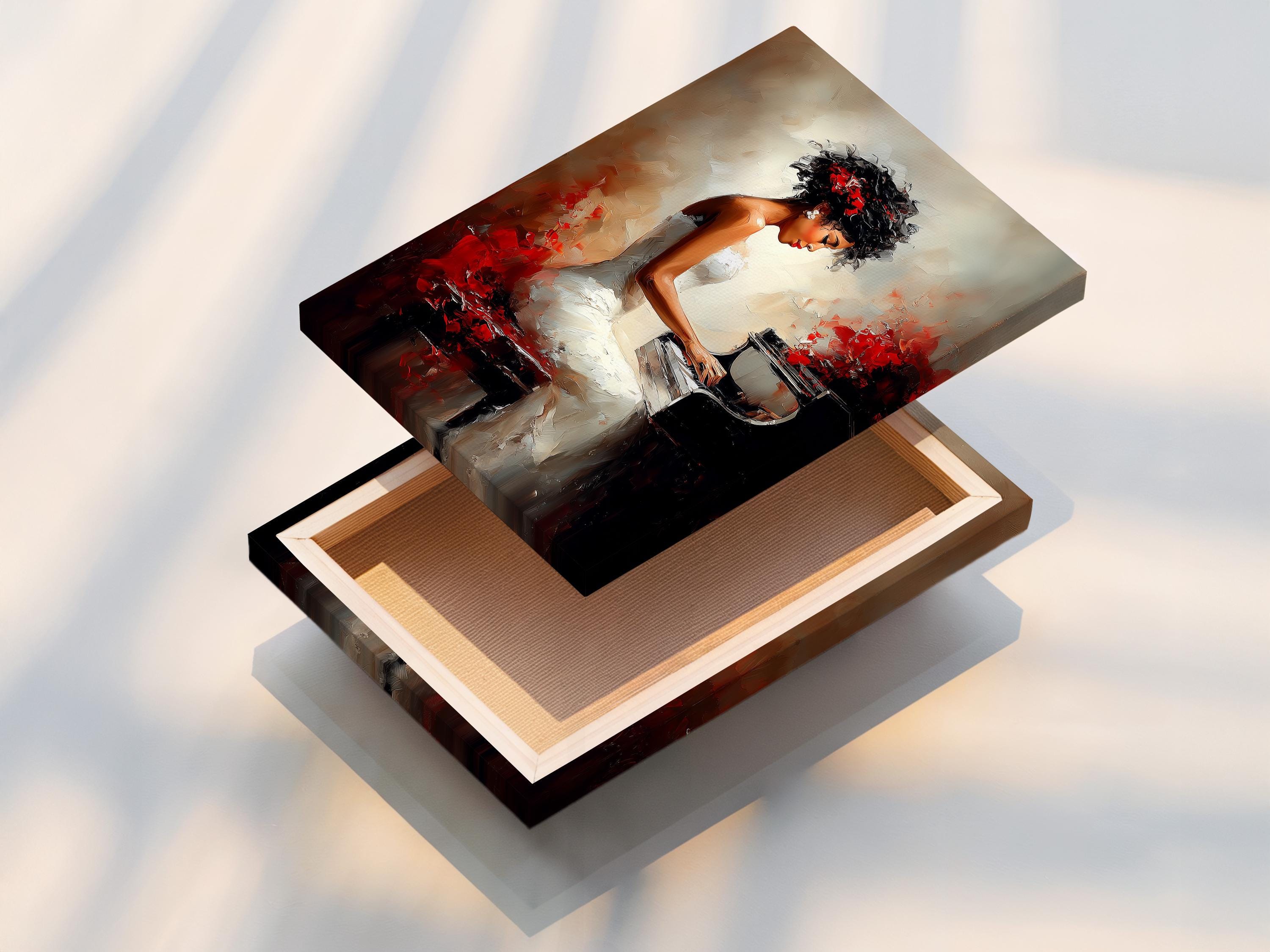 Portrait painting of a woman playing the piano with black, red and light neutral tones detail view
