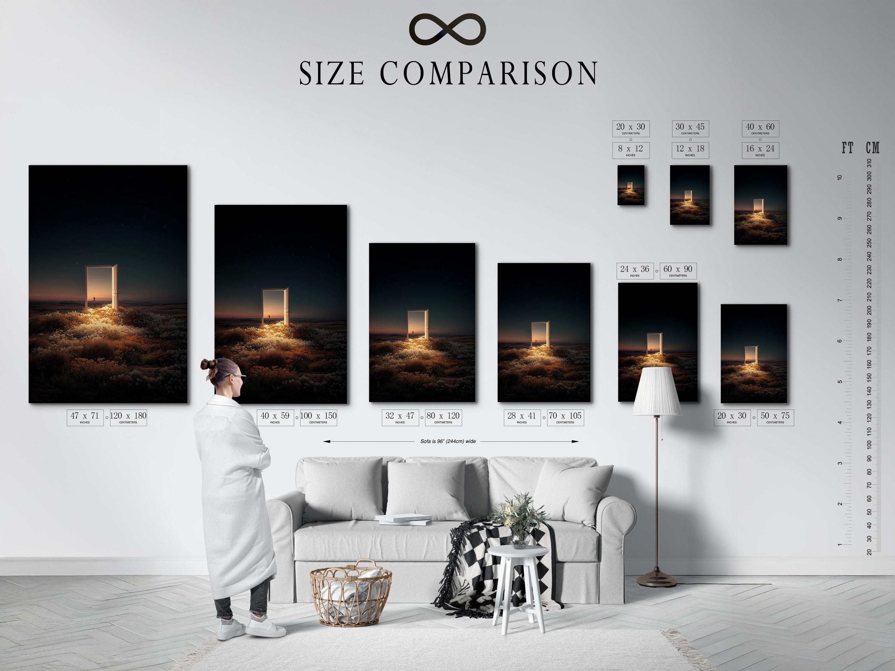 Room mockup showing a framed night seascape with a glowing doorway opening and starry sky