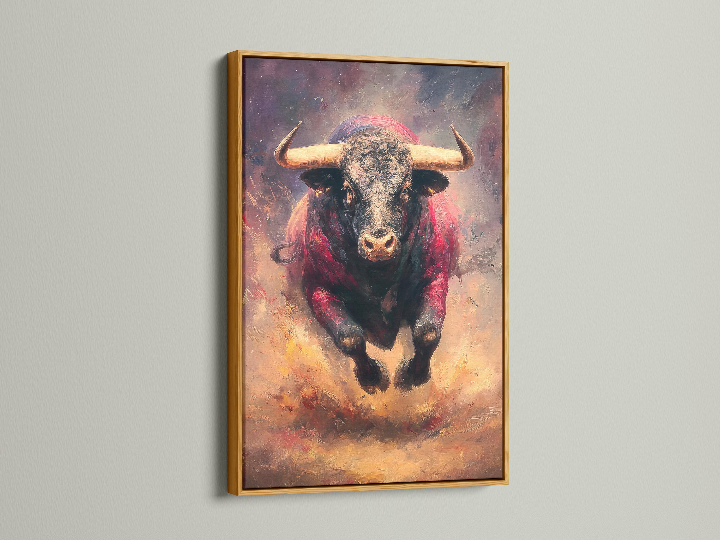 Charging bull portrait wall artwork in red and beige with curved horns detail view