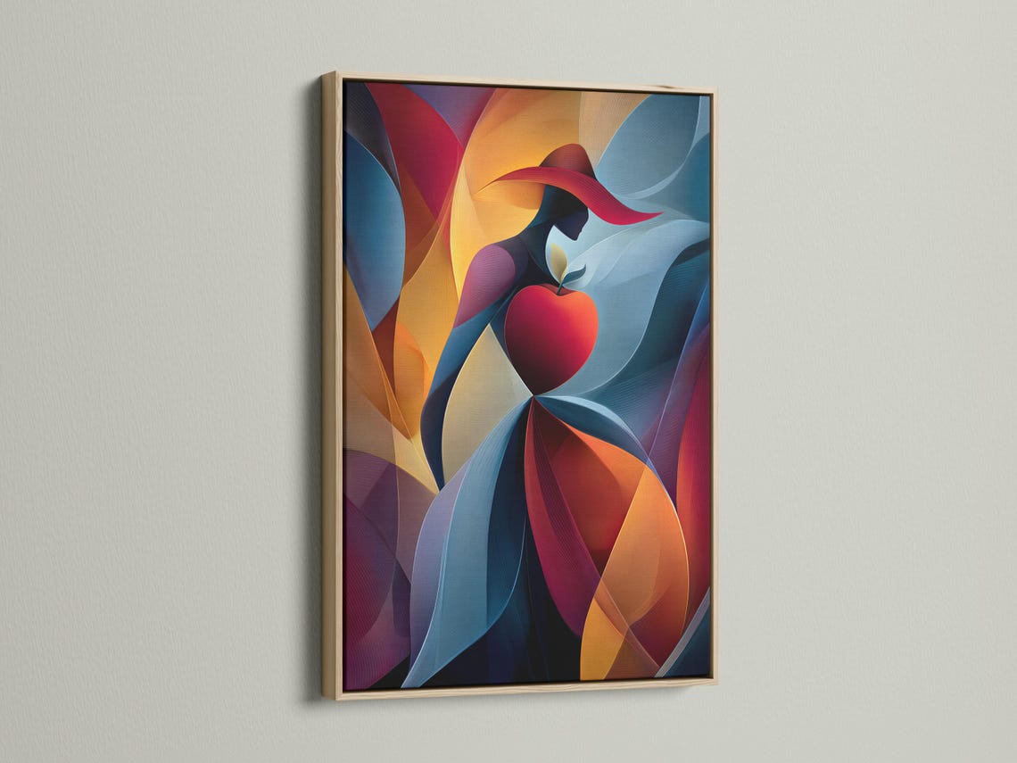 Abstract woman silhouette with a red heart, ribbon-like curves, and blue, red, gold colours detail view