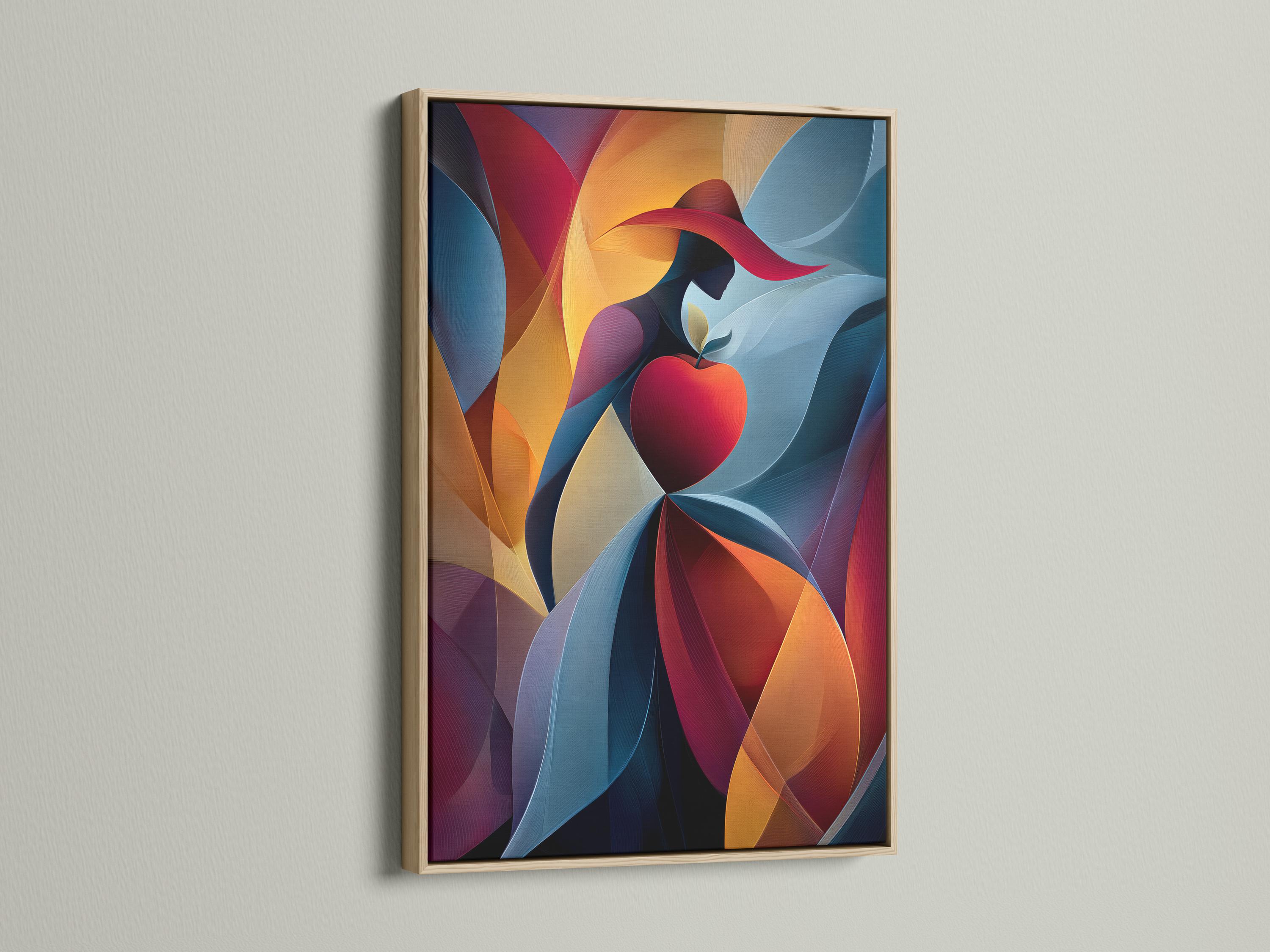 Abstract woman silhouette with a red heart, ribbon-like curves, and blue, red, gold colours detail view
